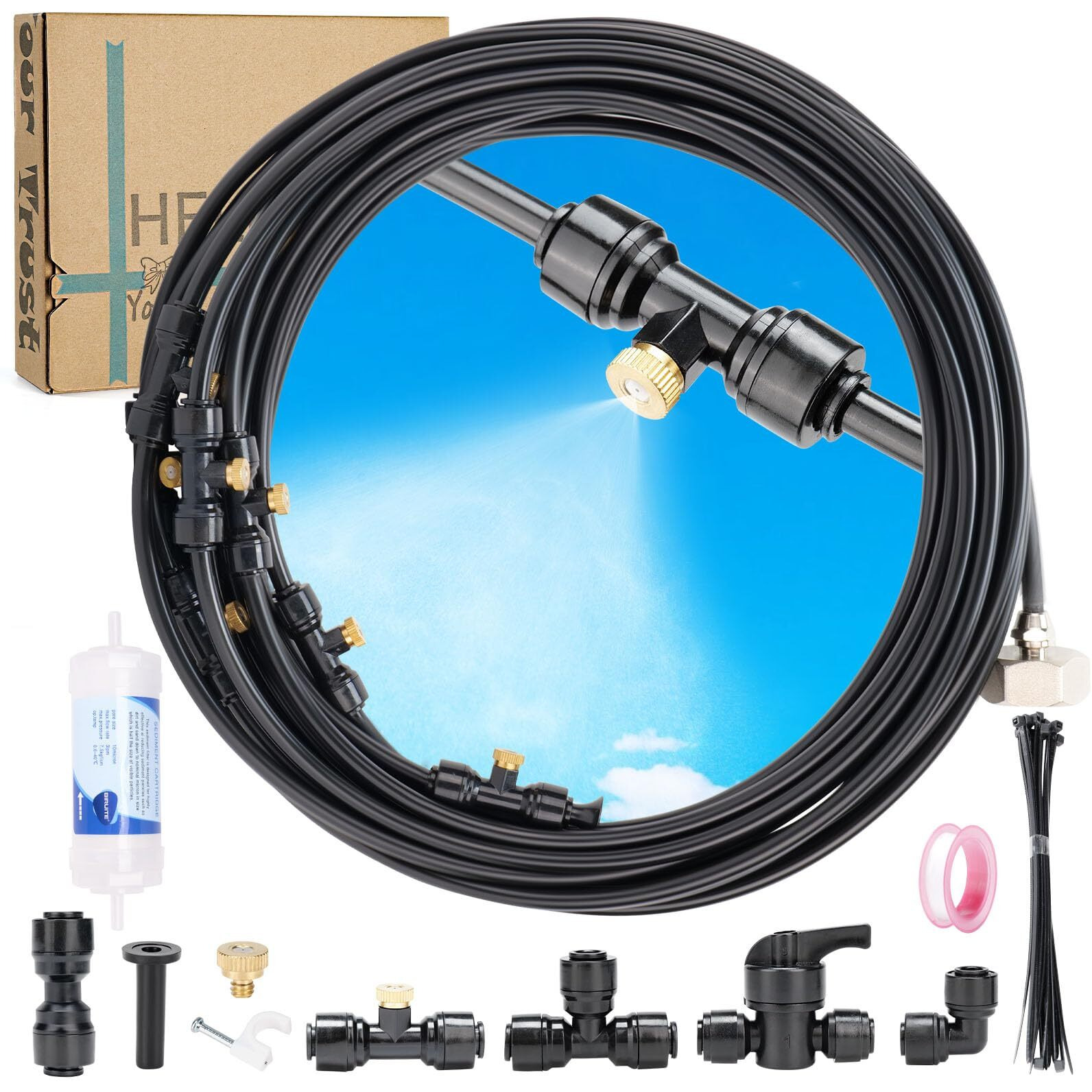 Carefretrayd Misters For Outside Patio  88Ft Misting Line + Filter + 37 Brass Misting Nozzles +Brass Adapter(3/4"") Misting System For Garden  Greenhouse  Trampoline And Chicken Coop
