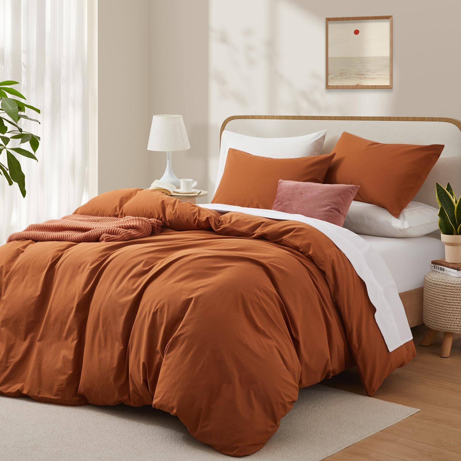 Lovque Burnt Orange Duvet Cover Full Size  100% Washed Cotton Linen Like Bedding Set With Zipper Closure (No Comforter)  80X90 Inches