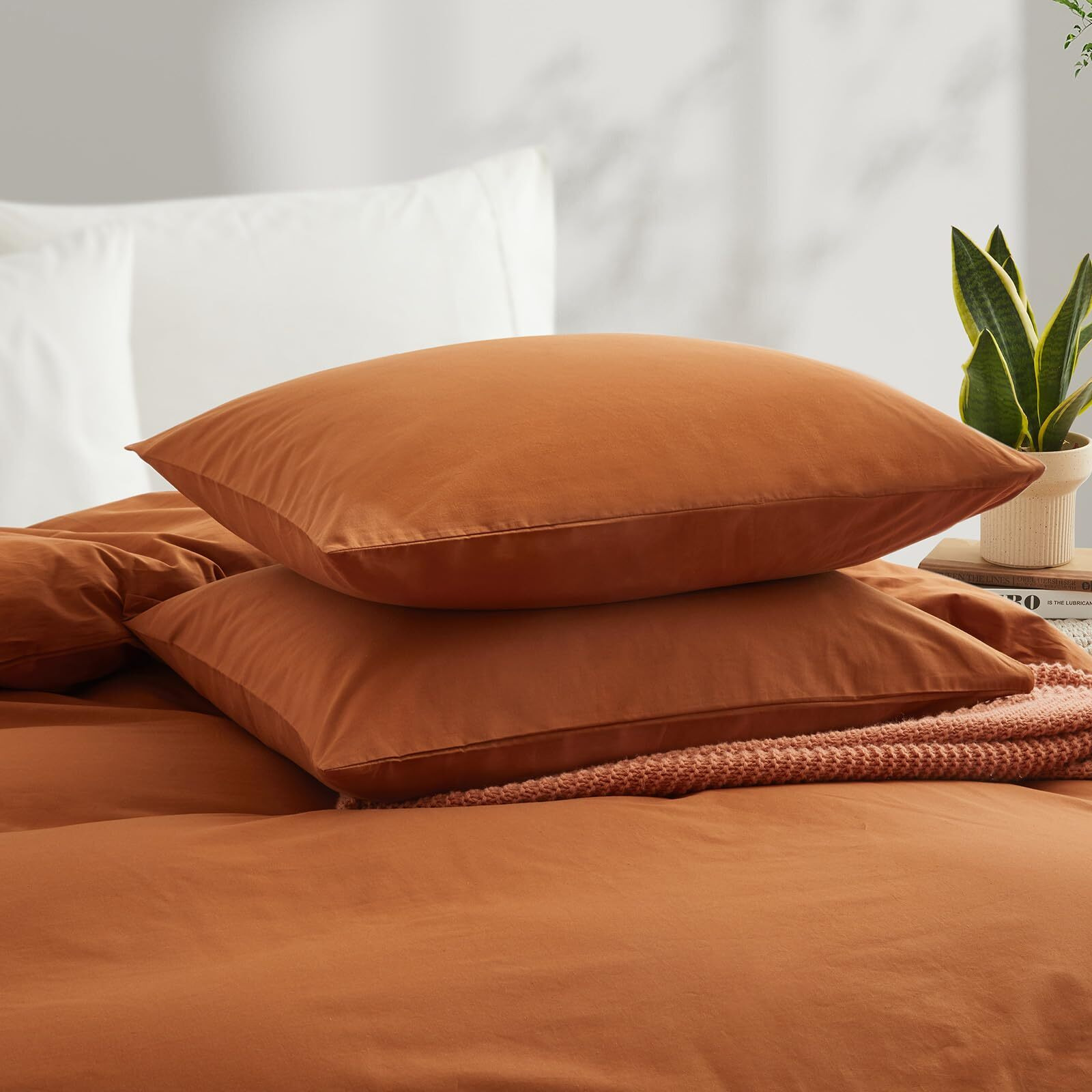 Lovque Burnt Orange Duvet Cover Full Size  100% Washed Cotton Linen Like Bedding Set With Zipper Closure (No Comforter)  80X90 Inches