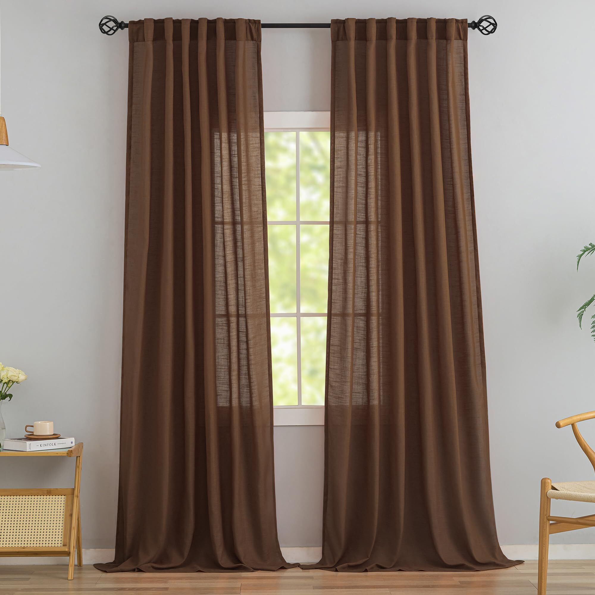 Brown Linen Back Tab Curtains 96 Inches Long 2 Panels Set For Modern Farmhouse - Hooks Belt Pleated Easy Sliding Semi Privacy Thick Decorative Drapes Rod Pocket Light Filtering Curtains Chocolate