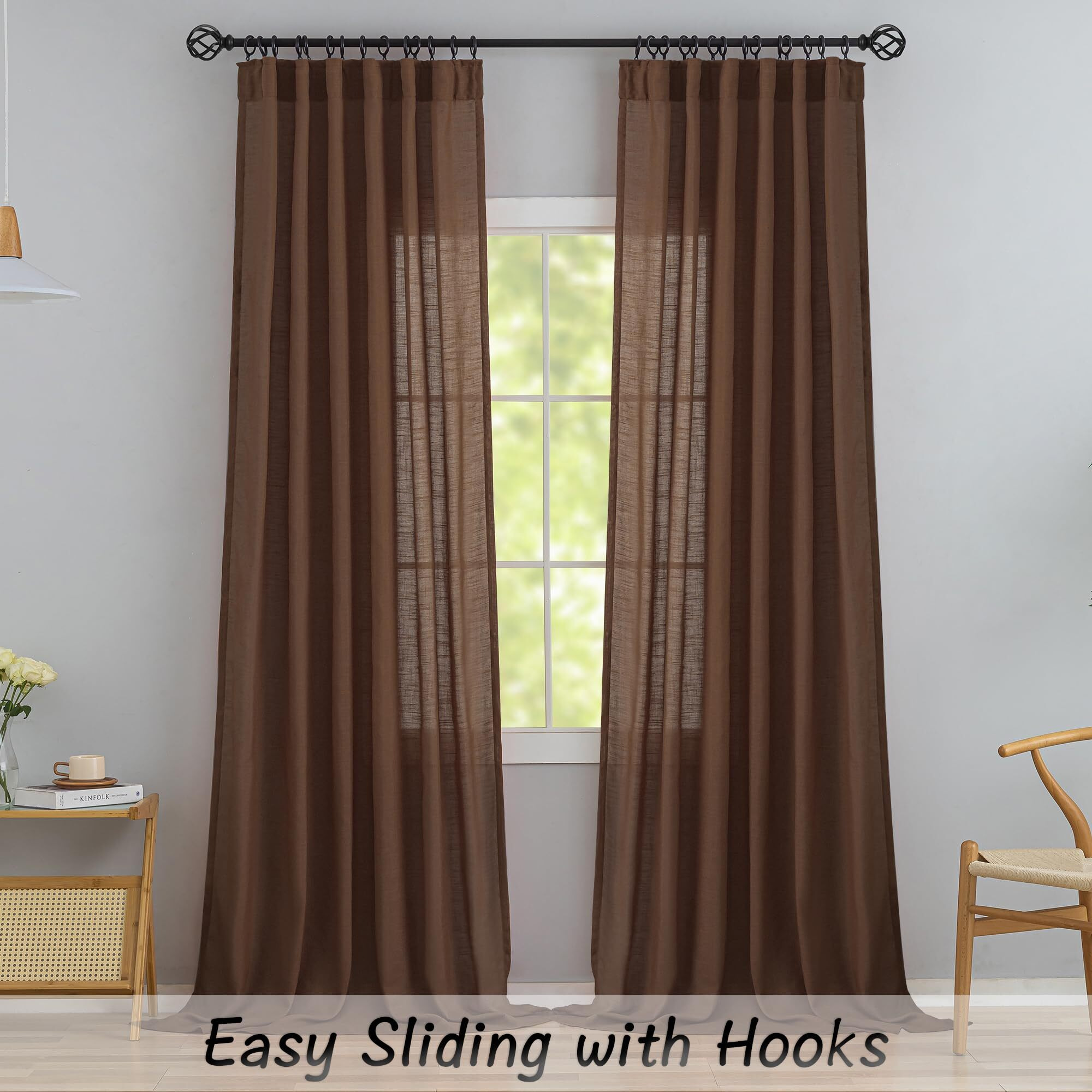 Brown Linen Back Tab Curtains 96 Inches Long 2 Panels Set For Modern Farmhouse - Hooks Belt Pleated Easy Sliding Semi Privacy Thick Decorative Drapes Rod Pocket Light Filtering Curtains Chocolate