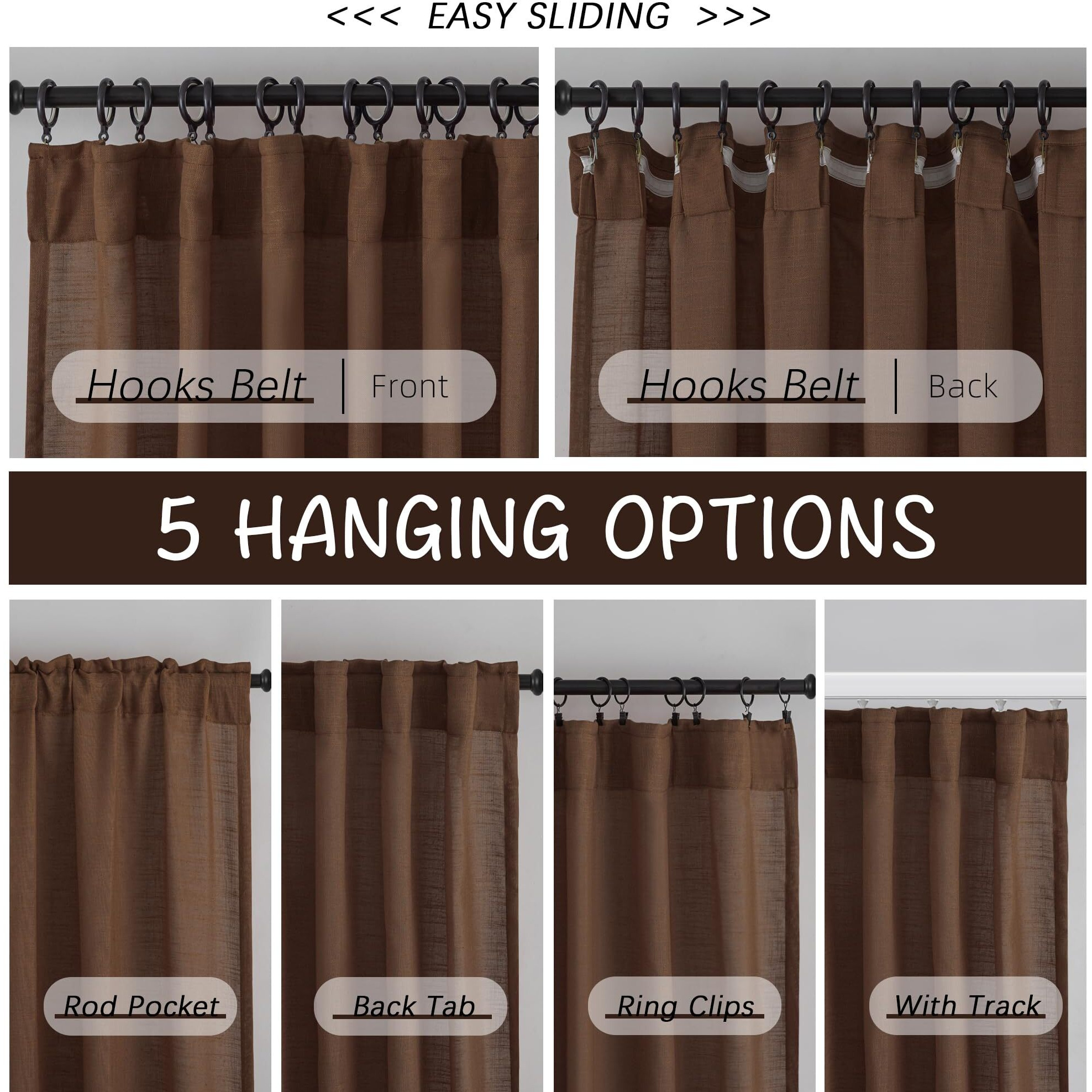 Brown Linen Back Tab Curtains 96 Inches Long 2 Panels Set For Modern Farmhouse - Hooks Belt Pleated Easy Sliding Semi Privacy Thick Decorative Drapes Rod Pocket Light Filtering Curtains Chocolate
