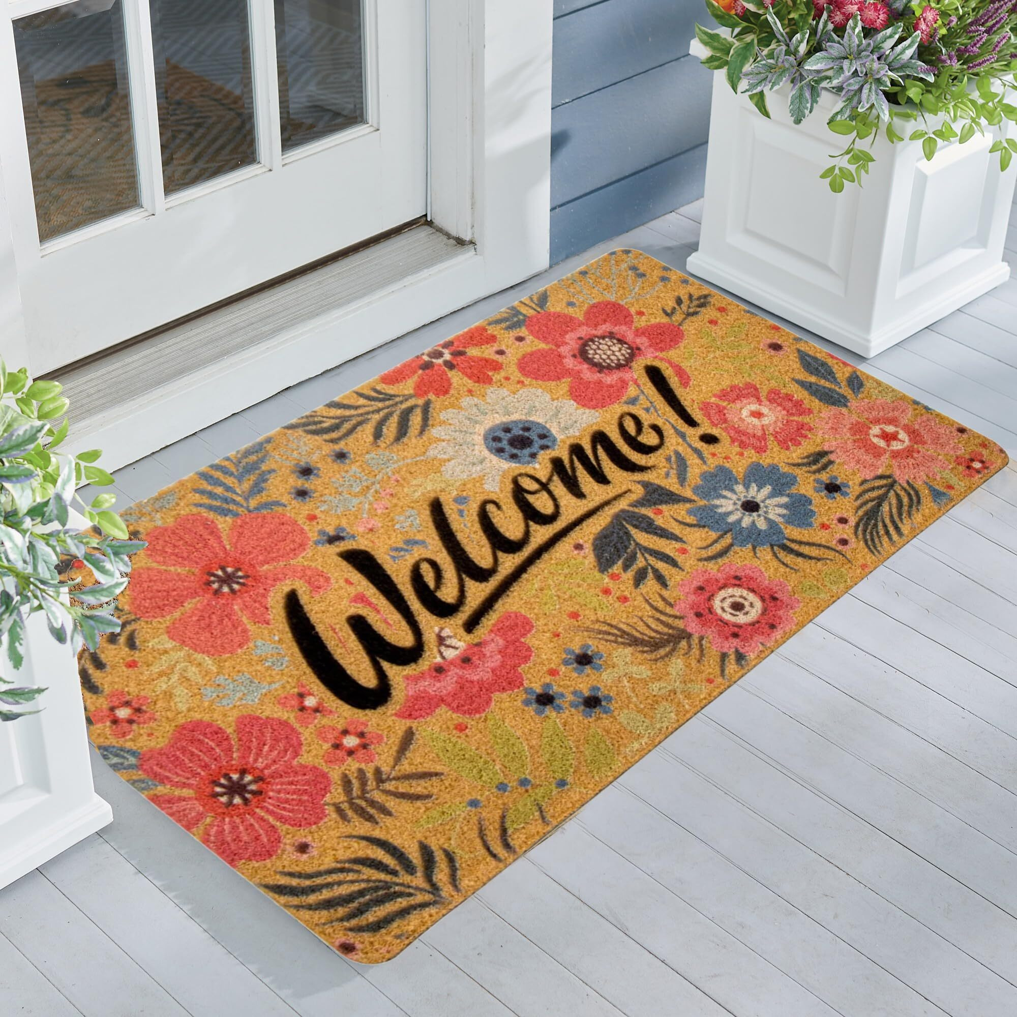Izus Floral Welcome-Doormats Front-Door - Spring Flower Home Decor Indoor-Mats Summer Non-Slip Seasonal Doormats 17X30 (Welcome -Sunshine Flower  17X30)