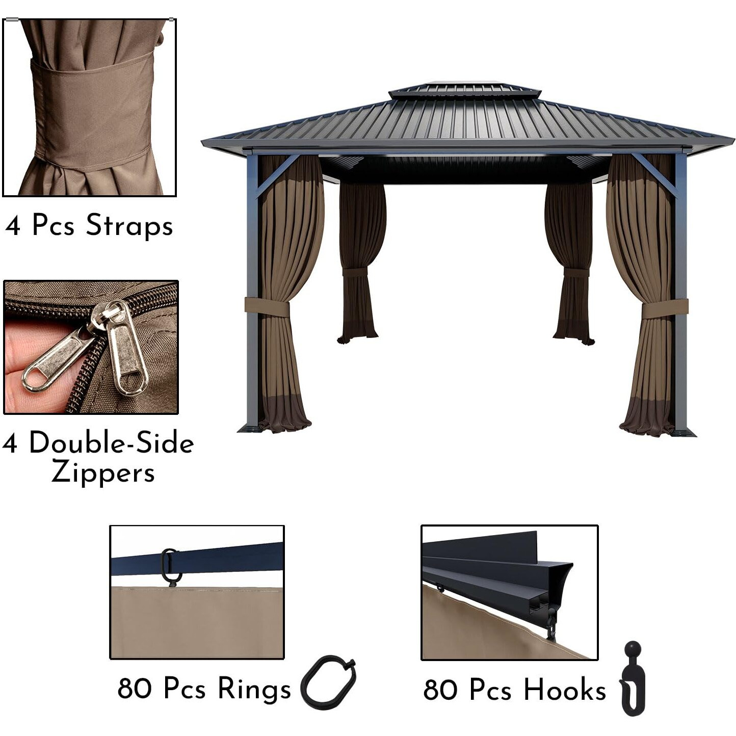Cowvie Gazebo Curtain Replacement Universal 4-Panel Sidewalls 12' X 14'  Patio Gazebo Privacy Curtains With Double Zipper  Replacement For Patio  Outdoor Canopy  Garden And Backyard (Curtain Only)