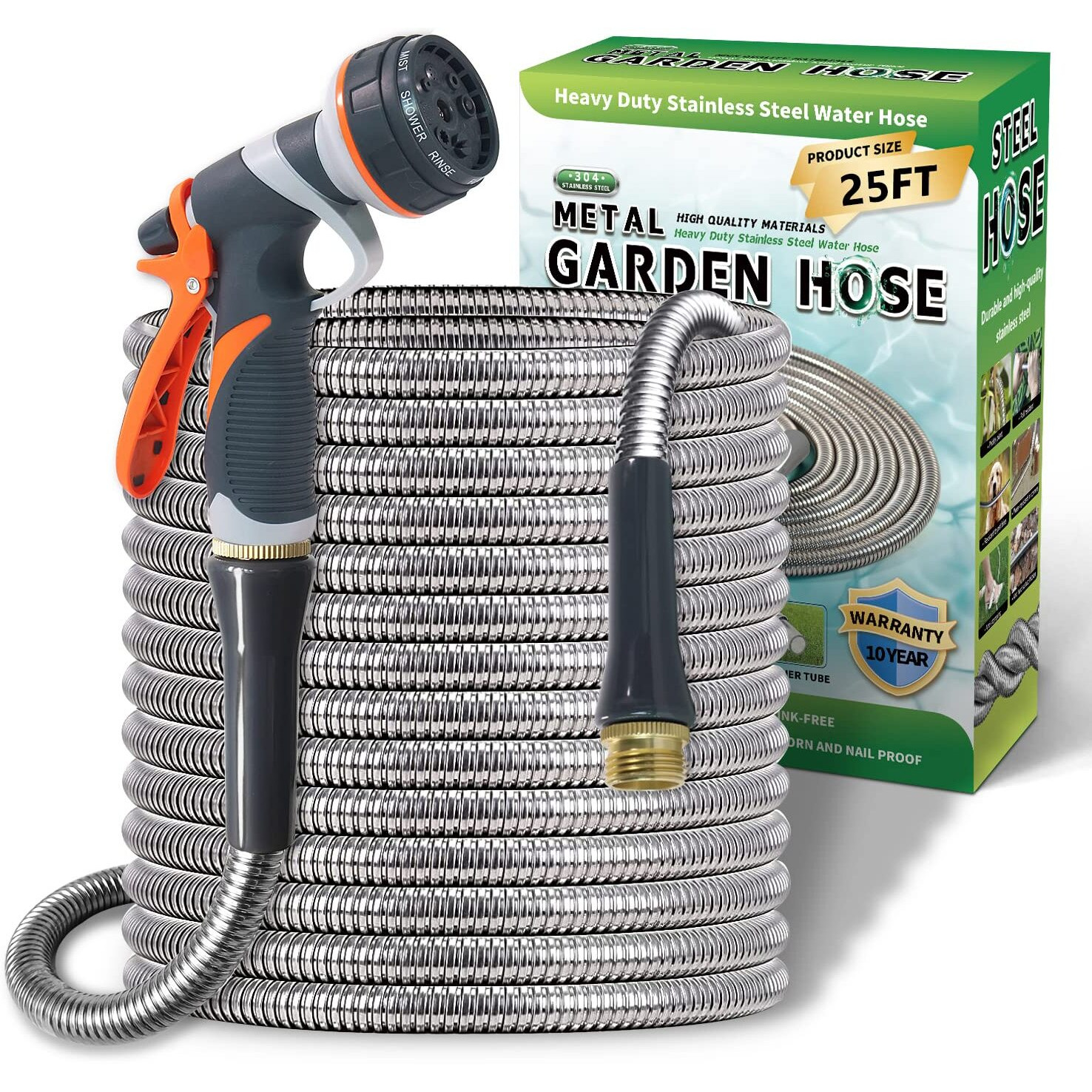 Lightweight Stainless Steel Garden Hose 25Ft - Kinkless Flexible Metal Garden Hose - Thorn Proof Steel Metal Water Hose With Solid Fittings For Garden  Outdoor Use (25Ft)