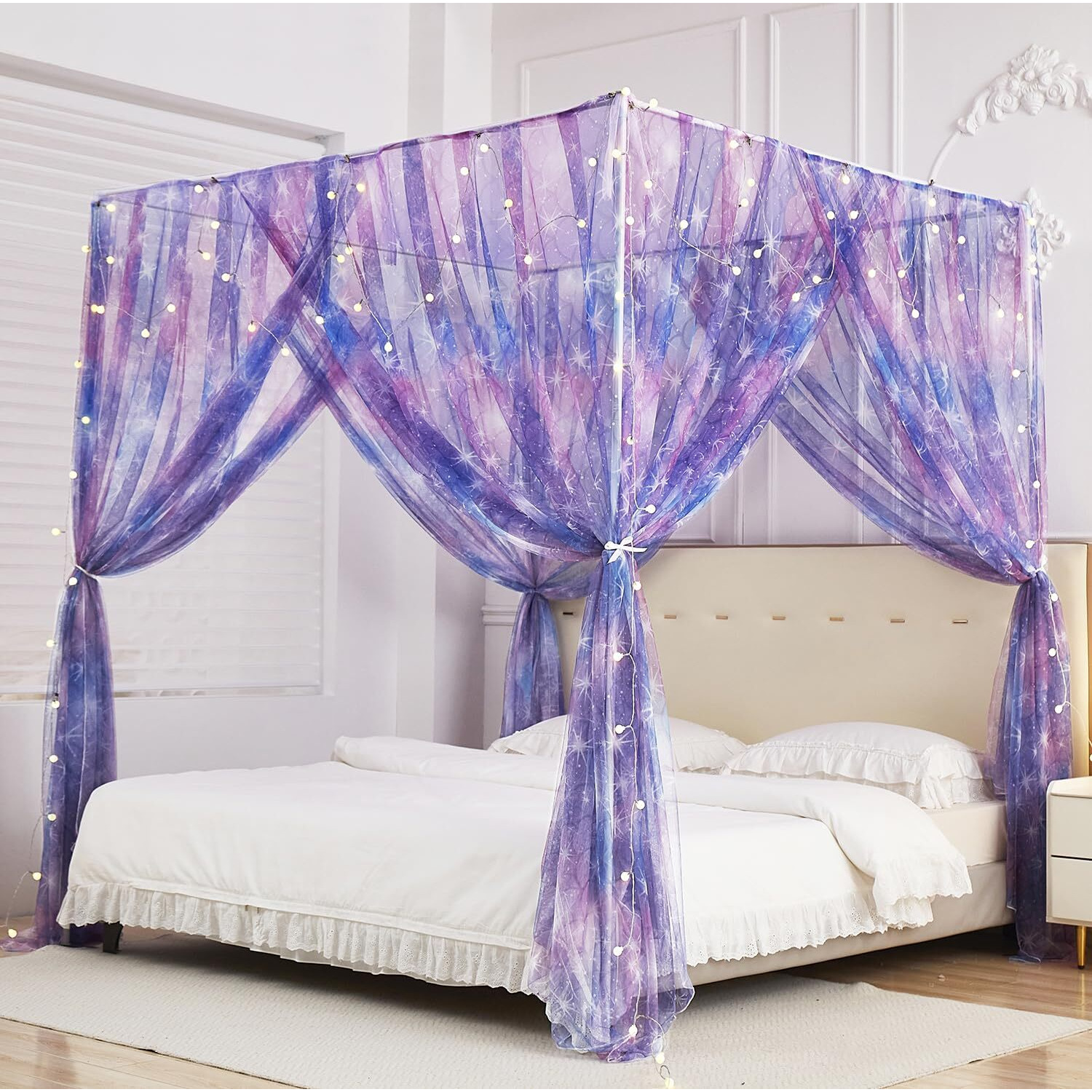 Mengersi Tie Dye Canopy Bed Curtains With Lights Gradient Ombre Bed Canopy For Girls Canopy For Bed Princess Bed Drapes For Girls Room Decor(King Purple)