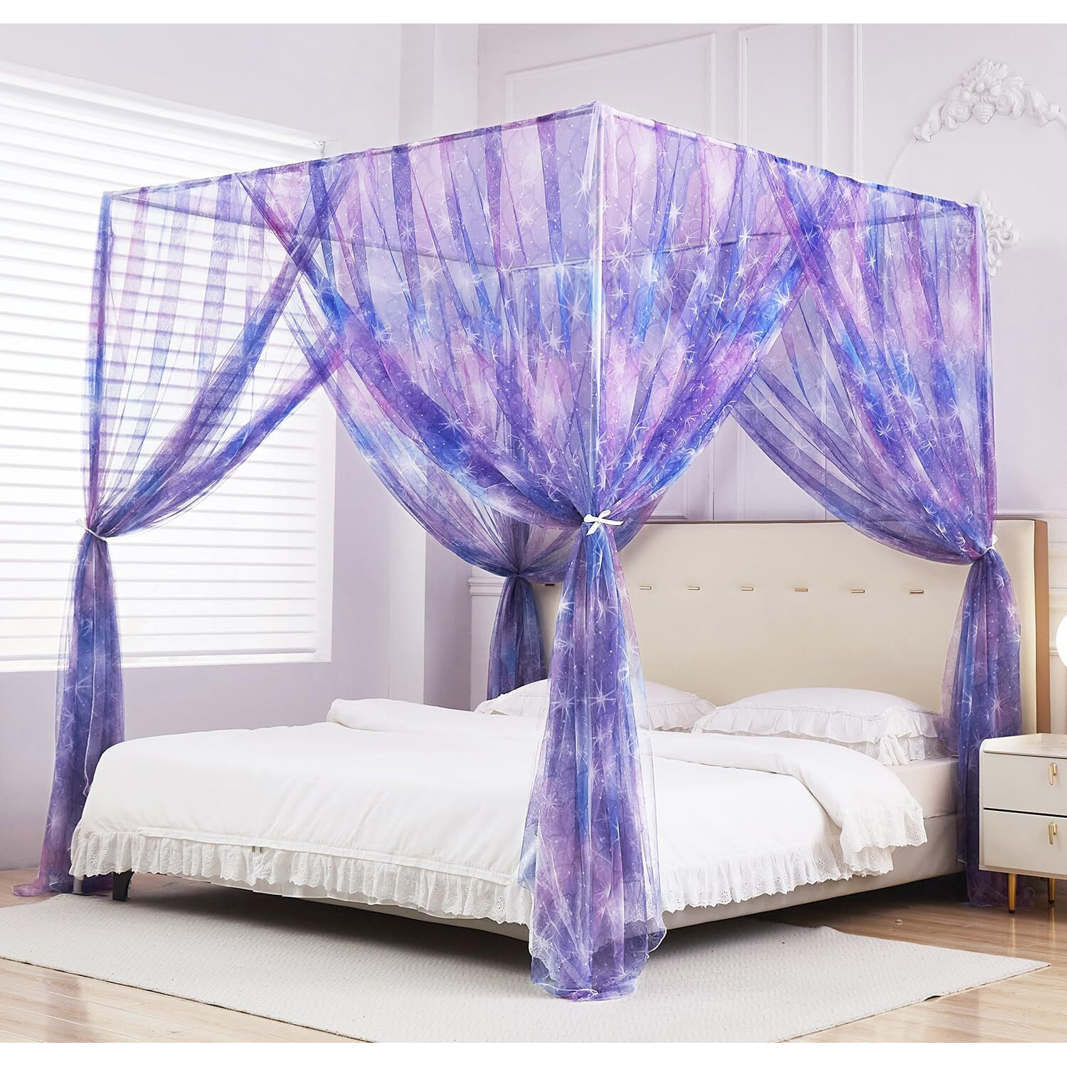 Mengersi Tie Dye Canopy Bed Curtains With Lights Gradient Ombre Bed Canopy For Girls Canopy For Bed Princess Bed Drapes For Girls Room Decor(King Purple)