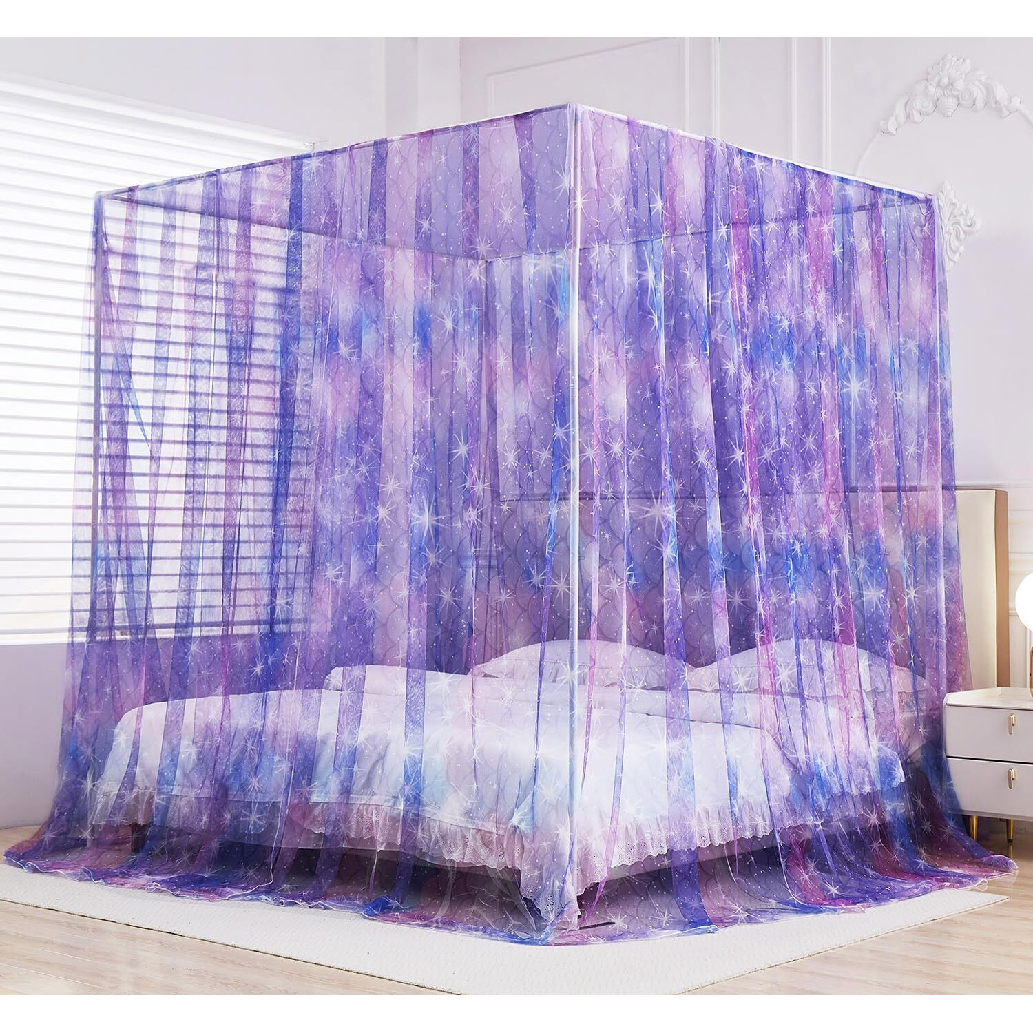 Mengersi Tie Dye Canopy Bed Curtains With Lights Gradient Ombre Bed Canopy For Girls Canopy For Bed Princess Bed Drapes For Girls Room Decor(King Purple)