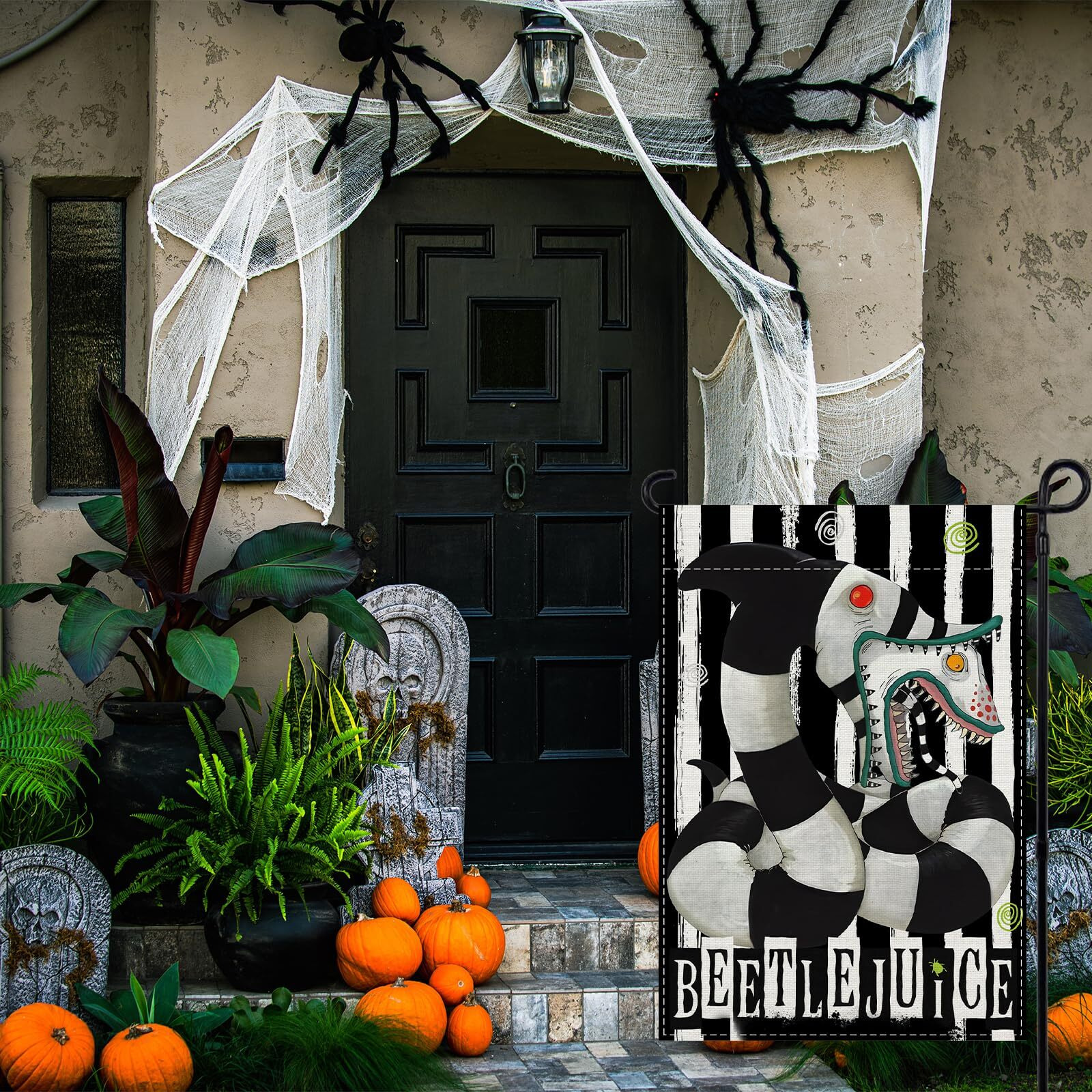 Linen Scary Creepy Halloween Garden Flag 12X18 Inch Double Sided Classic Movie Role Beetlejuice Halloween Birthday Party Decorations And Supplies For Home