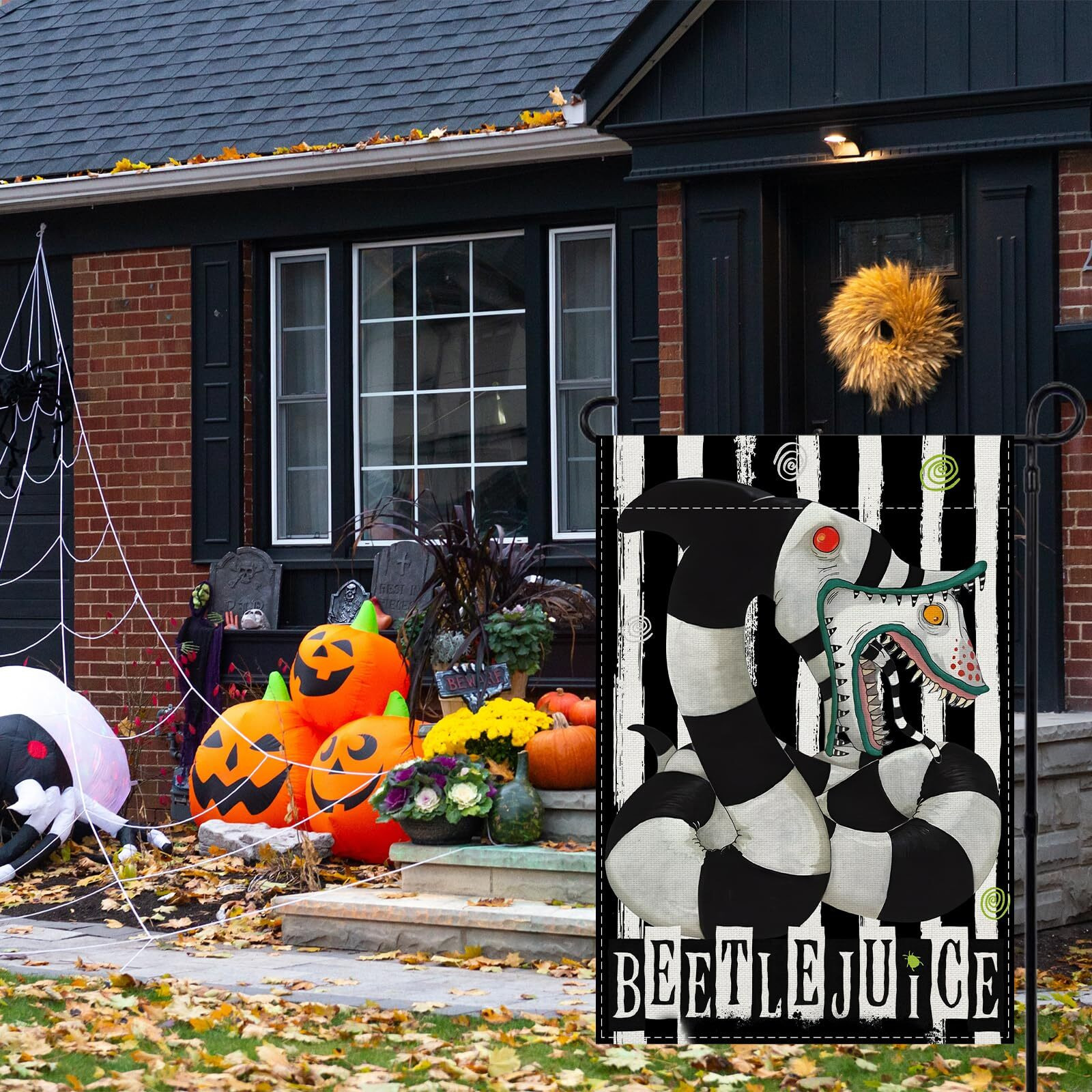 Linen Scary Creepy Halloween Garden Flag 12X18 Inch Double Sided Classic Movie Role Beetlejuice Halloween Birthday Party Decorations And Supplies For Home