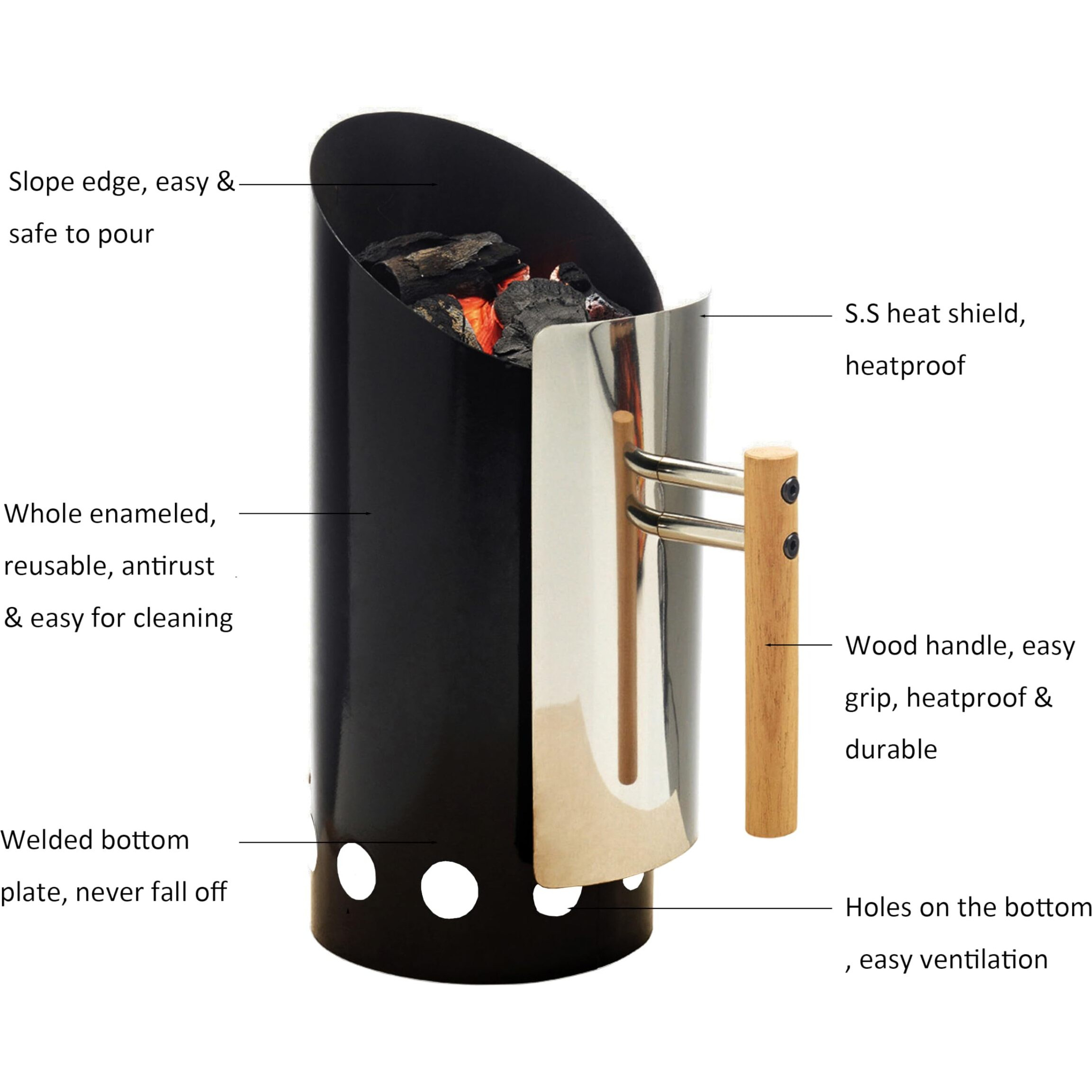 Joyagrill Charcoal Chimney Starter Double Enameled Large Capacity Chimney Starter  Chimney Starter For Charcoal Grill With Heat Shield & Wood Handle Great Heat Insulation And Easy Grip