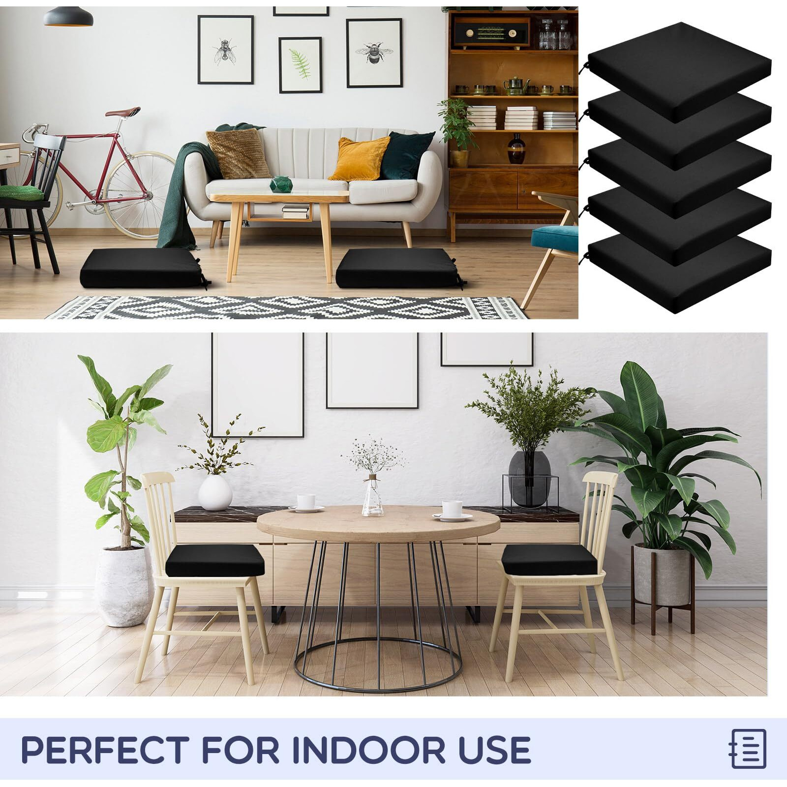 Preboun 6 Pack Outdoor Chair Cushions  19"" X 19"" X 3"" Patio Chair Cushion Waterproof Outdoor Seat Cushions With Ties Replacement Chair Pad For Patio Furniture Garden Sofa Couch Chair Pads (Black)