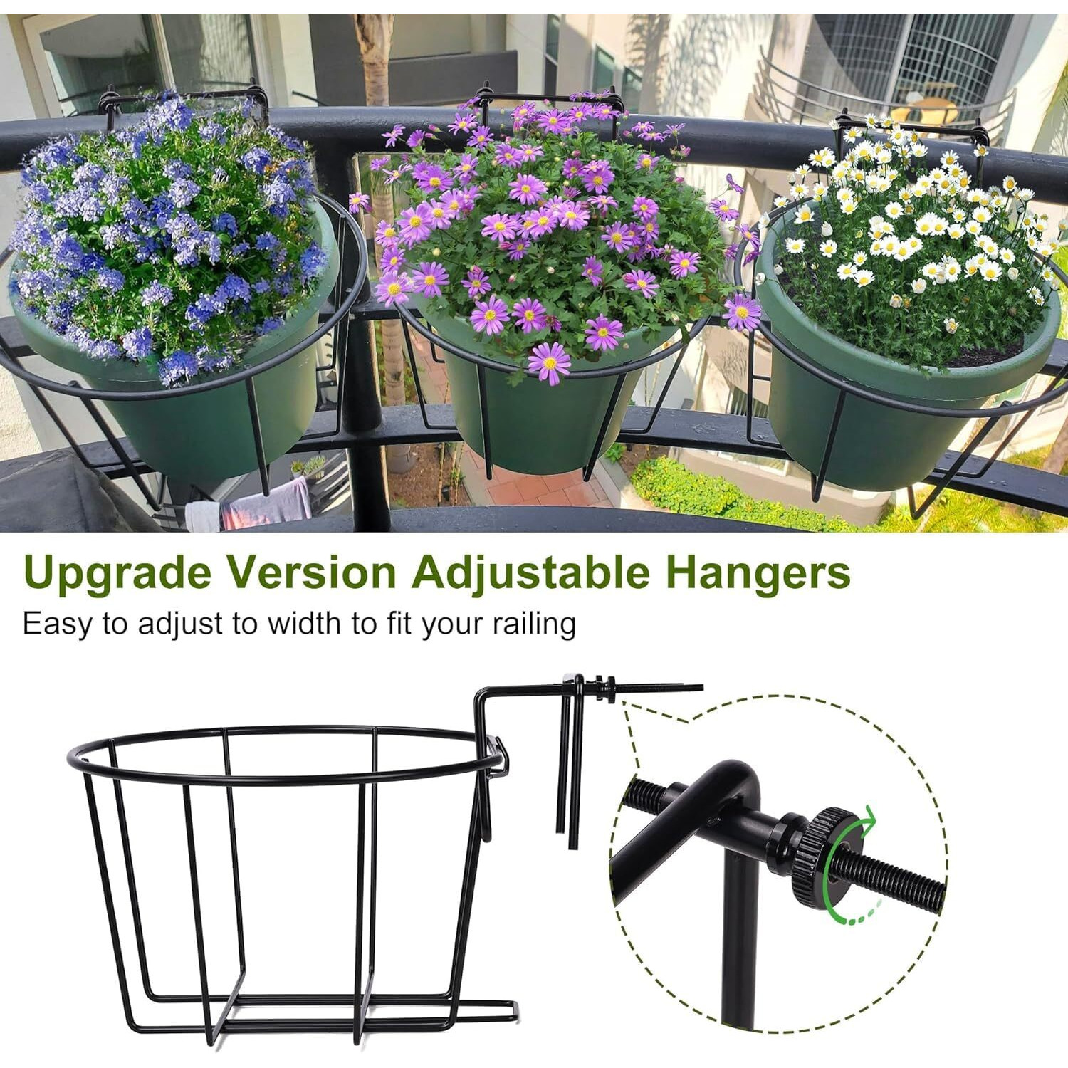 Tqvai 3 Pack Hanging Railing Planter Adjustable Deck Rail Planters  Plant Stand Flower Pot Holder Wire Baskets For Orchid  Patio Ledge  Balcony  Fit For 1.5  To 3.5  Railing  Black