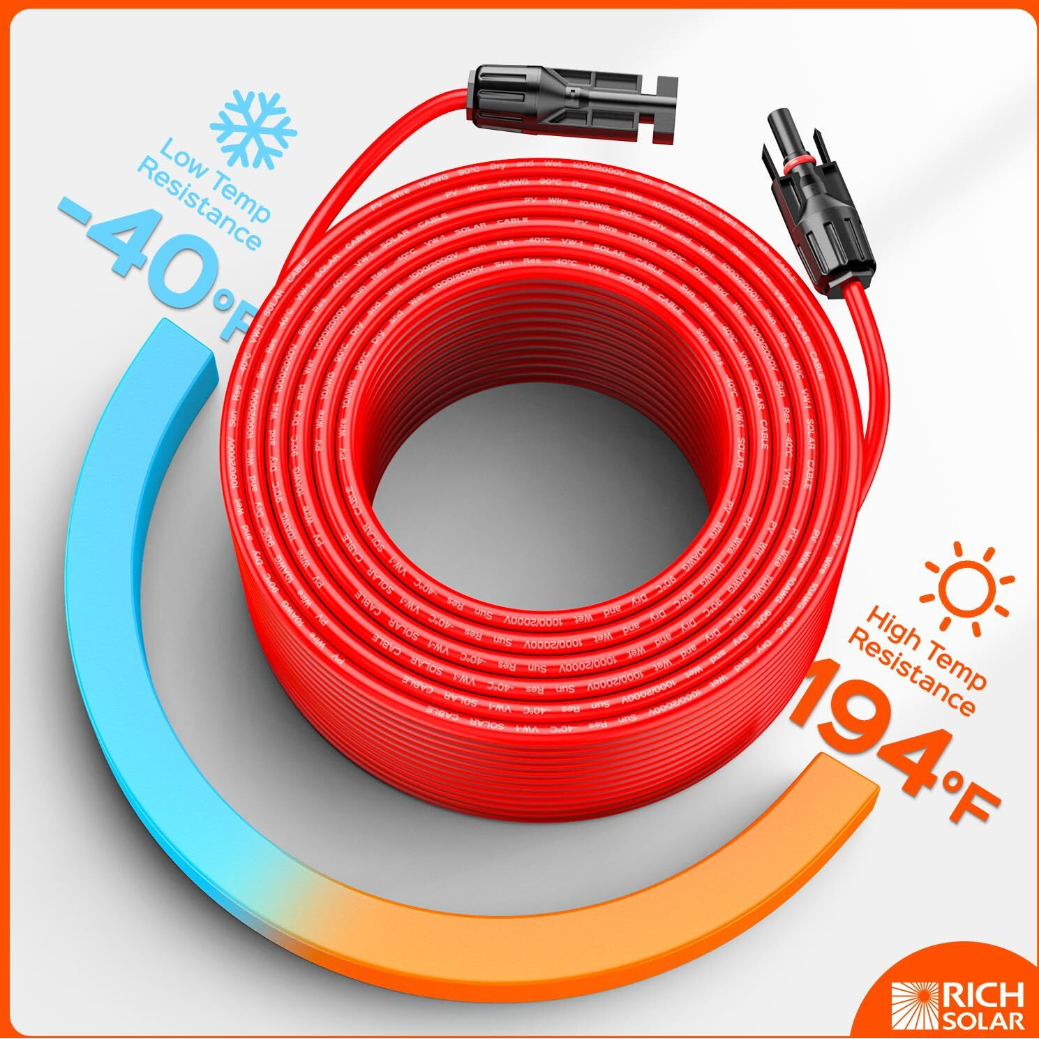 Rich Solar 10 Gauge 10Awg One Pair 20 Feet Red + 20 Feet Black Solar Panel Extension Cable Wire With Female And Male Connectors(20Ft 10Awg)