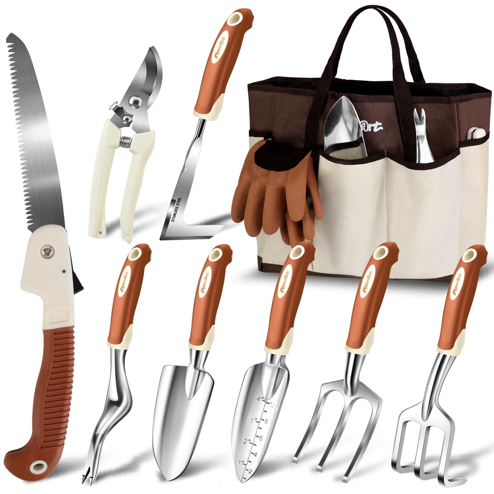 Melonart Garden Tool Set 10 Pcs Heavy Duty Gardening Hand Tool Kit For Women Aluminum With Non Slip Ergonomic Handle  Storage Tote Bag And Gardening Gloves  Ideal Gifts For Women And Men