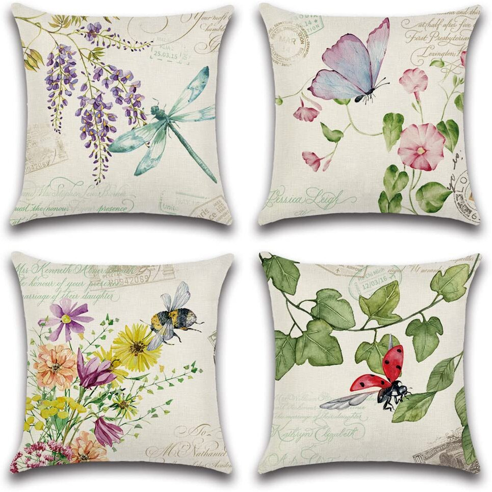 Artscope Set Of 4 Waterproof Throw Pillow Covers 18X18 Inches  Flower Plant Insect Pattern Decorative Cushion Covers  Perfect To Outdoor Patio Garden Living Room Sofa Farmhouse Decor