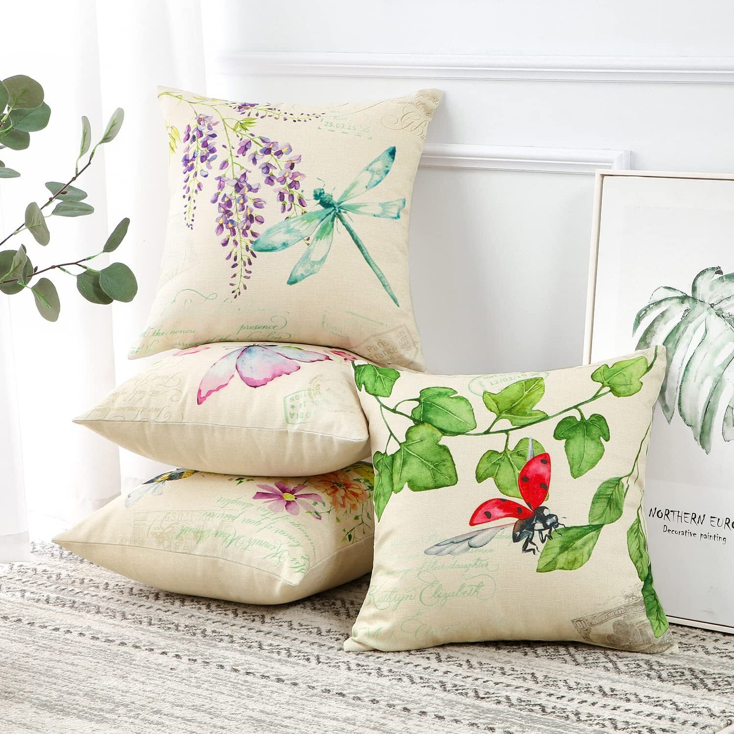 Artscope Set Of 4 Waterproof Throw Pillow Covers 18X18 Inches  Flower Plant Insect Pattern Decorative Cushion Covers  Perfect To Outdoor Patio Garden Living Room Sofa Farmhouse Decor