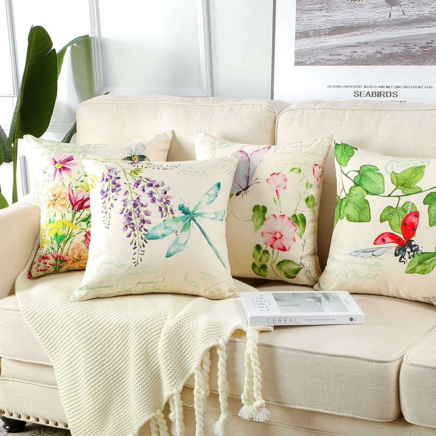 Artscope Set Of 4 Waterproof Throw Pillow Covers 18X18 Inches  Flower Plant Insect Pattern Decorative Cushion Covers  Perfect To Outdoor Patio Garden Living Room Sofa Farmhouse Decor