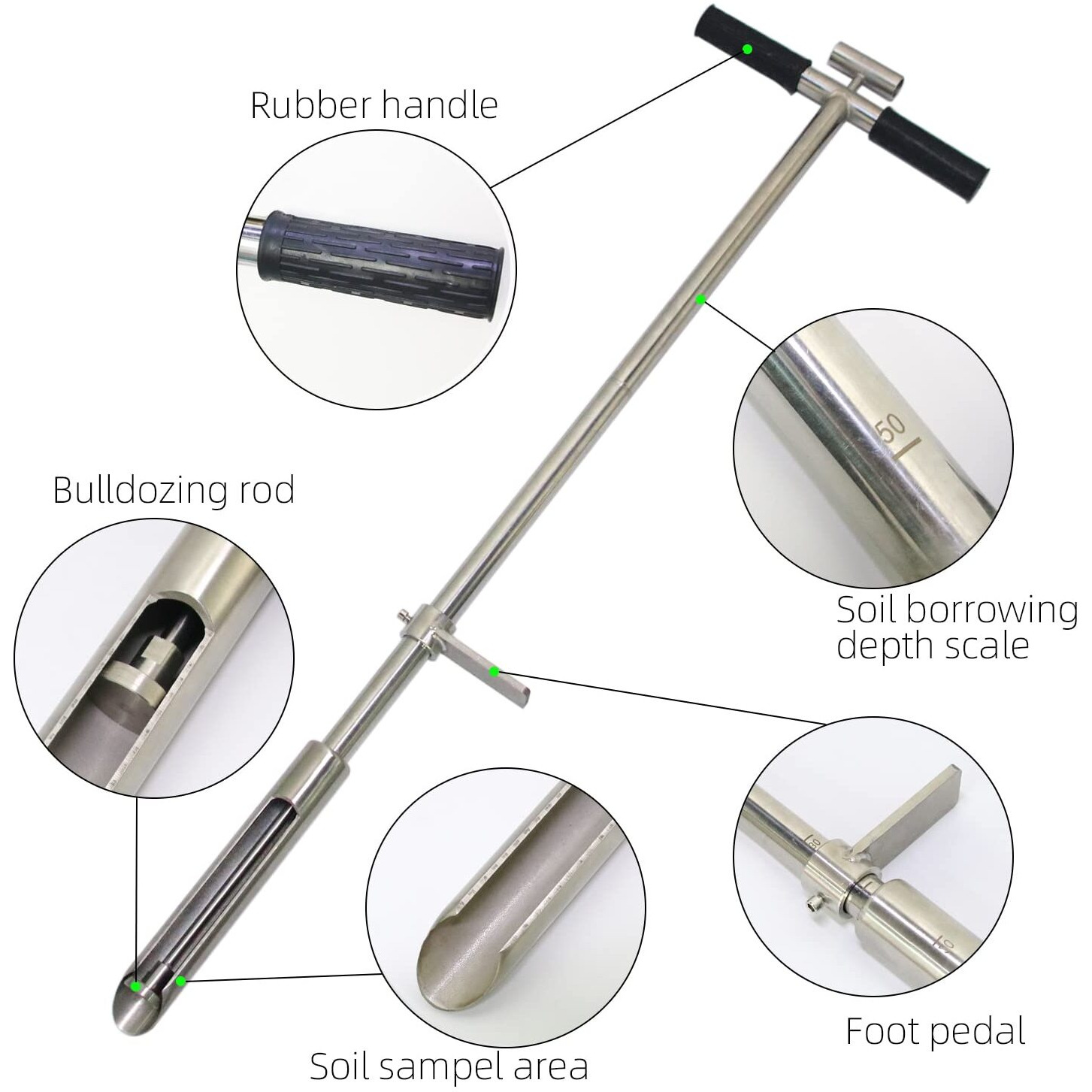 Soil Sample Probe 40  With Ejector And Foot Pedal Soil Probe Stainless Steel T-Style Handle Soil Test Kit Soil Probe Rod For Soil Sampling Plant Care/Agriculture/Garden/Farm