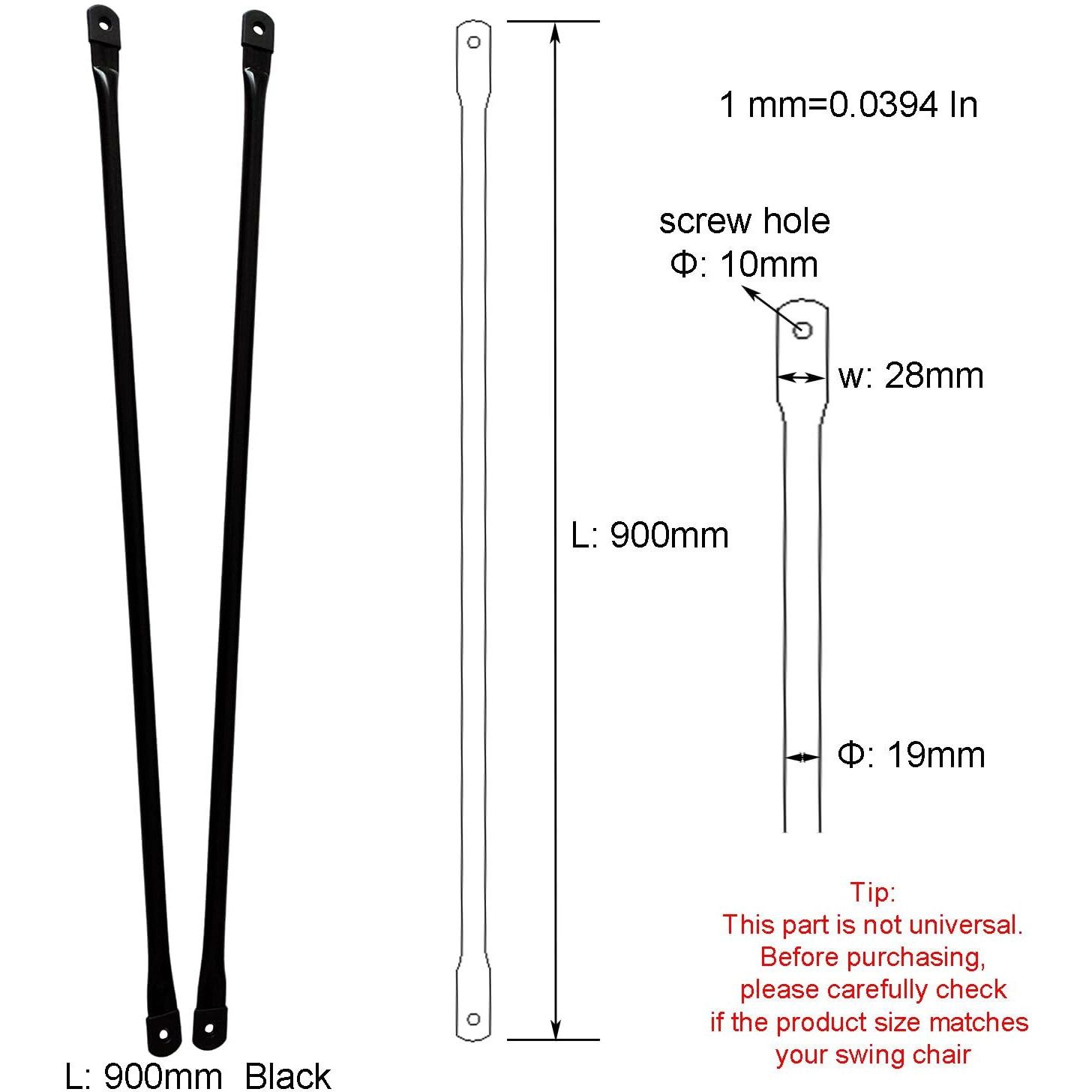 Timyrimy 90Cm/35.4Inch Garden Swing Replacement Rods  Black Metal Round Rods For Hanging Swing Seat To Frame(2Pcs/Ctn)