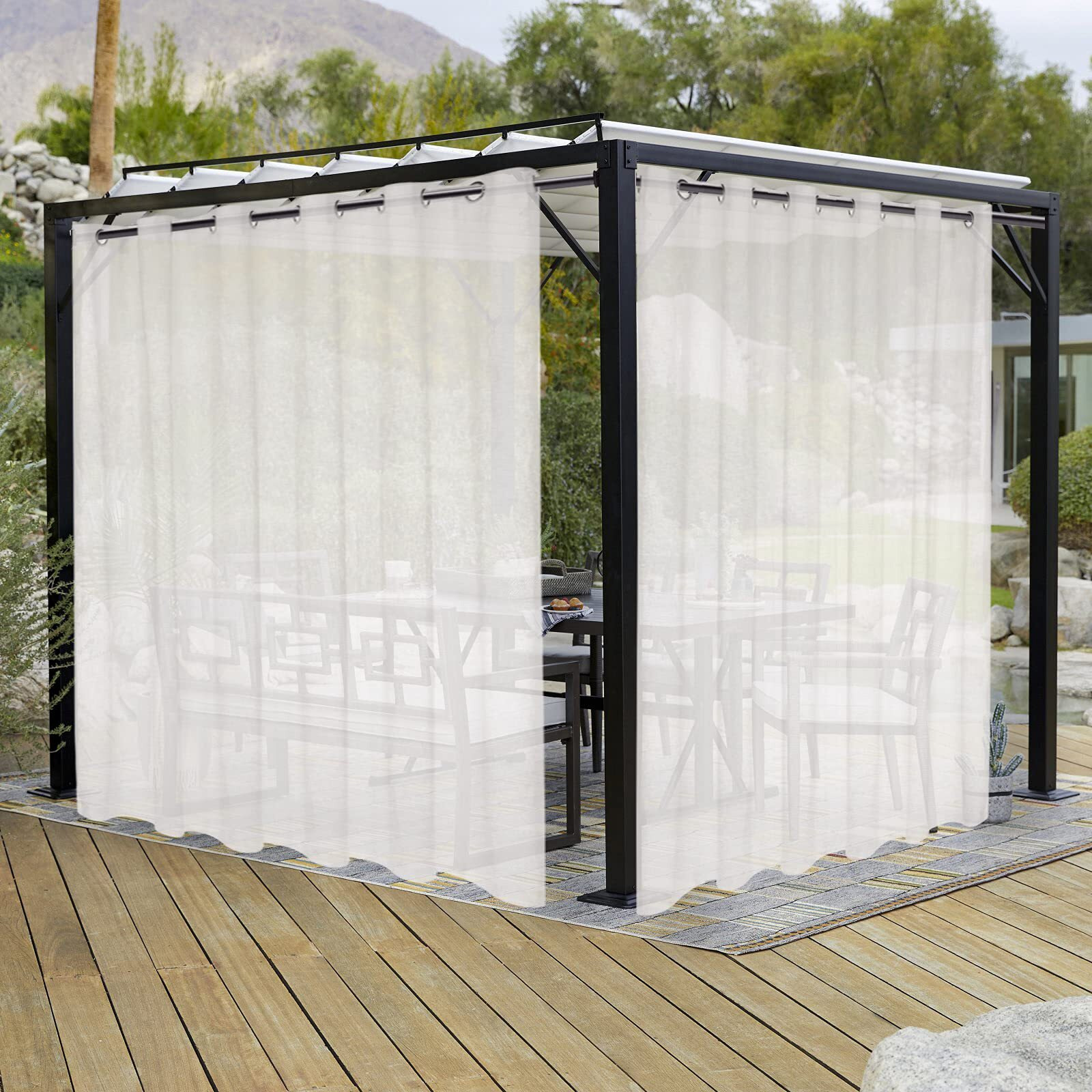 Lordtex Burlap Linen Look Outdoor Curtains For Patio - 2 Panels Waterproof Sheer Curtains For Pergola  Porch  Cabana And Gazebo Grommet Indoor/Outdoor Voile Sheer Drapes (100 X 95 Inch  Ivory)