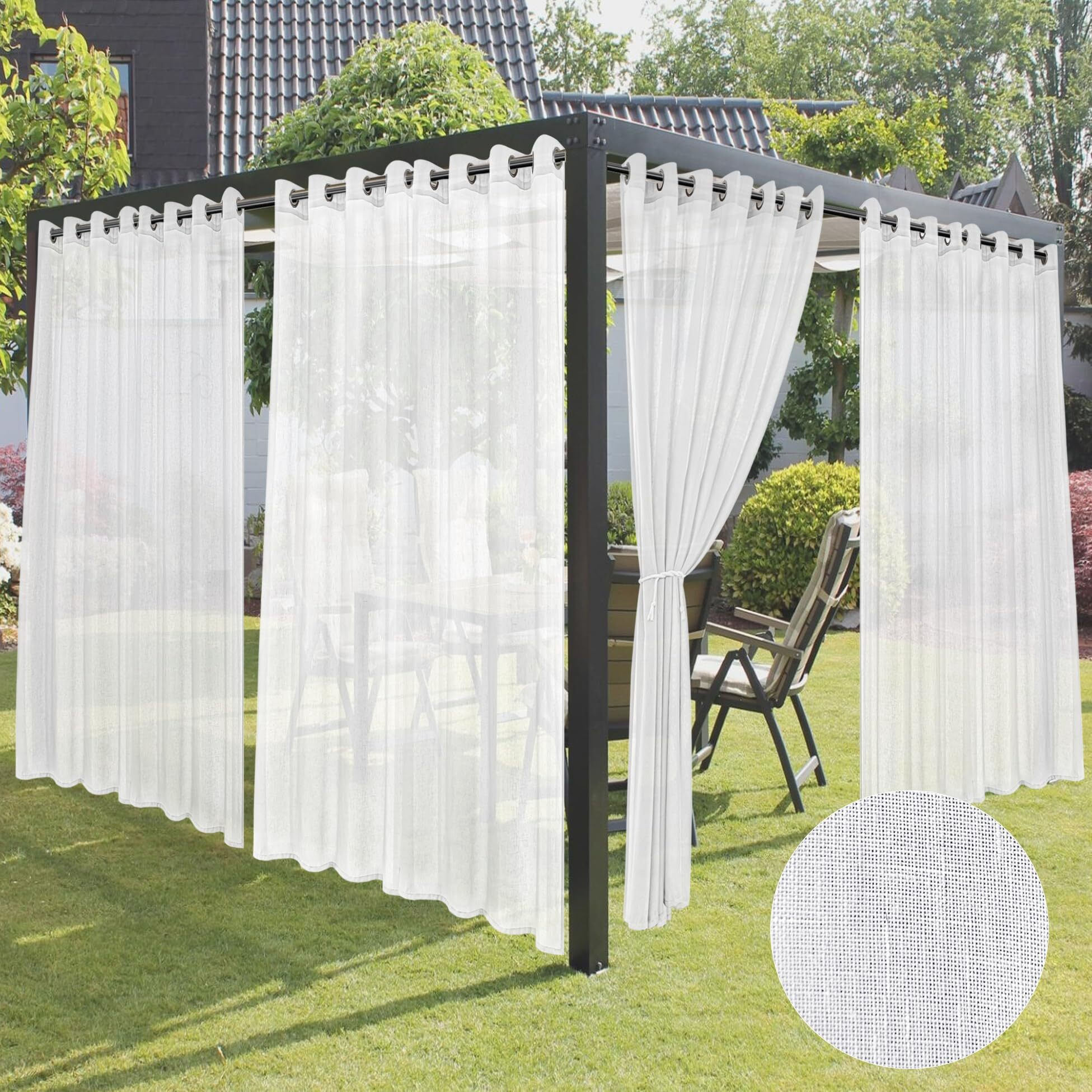 Holidayideas 4 Panels White Outdoor Sheer Curtains For Patio Waterproof 110X95 Inch-Extra Wide Voile Outside Curtains Light Filtering Grommet Drapes For Gazebo  Front Porch  Exterior Patio  Pool