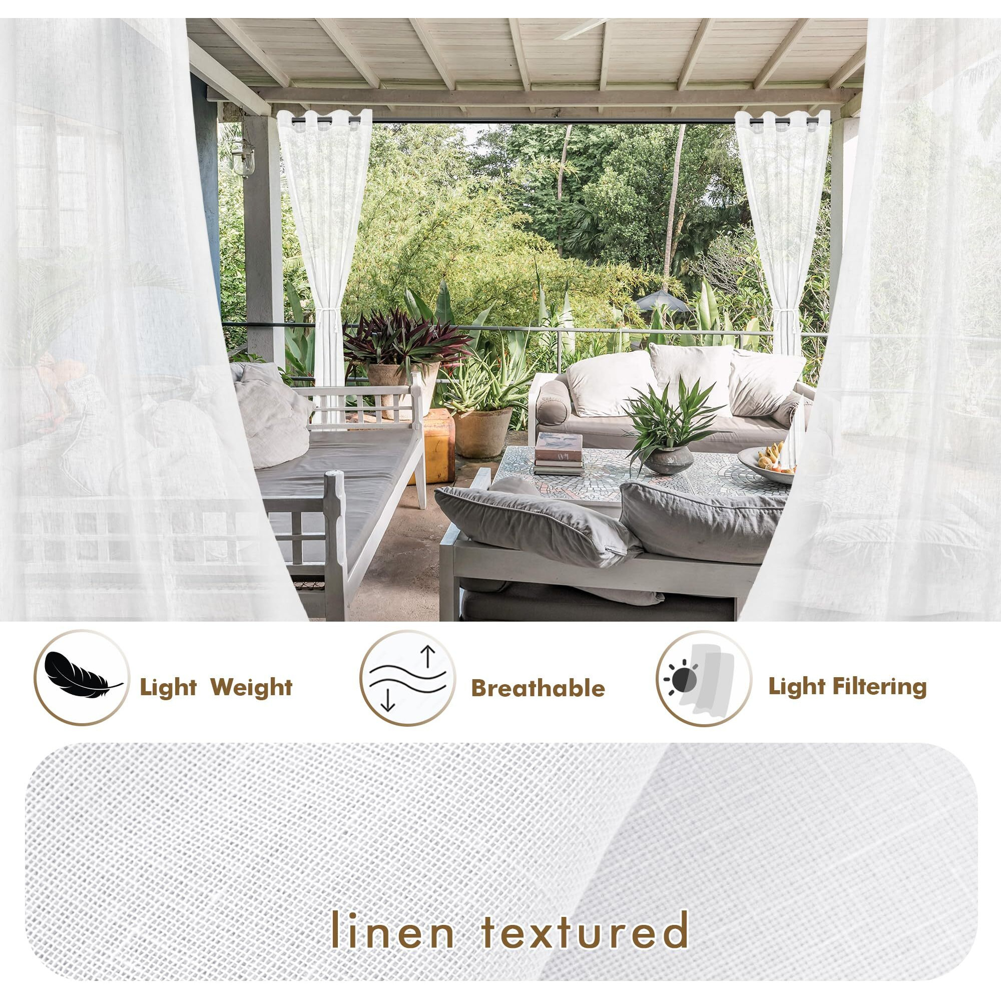 Holidayideas 4 Panels White Outdoor Sheer Curtains For Patio Waterproof 110X95 Inch-Extra Wide Voile Outside Curtains Light Filtering Grommet Drapes For Gazebo  Front Porch  Exterior Patio  Pool