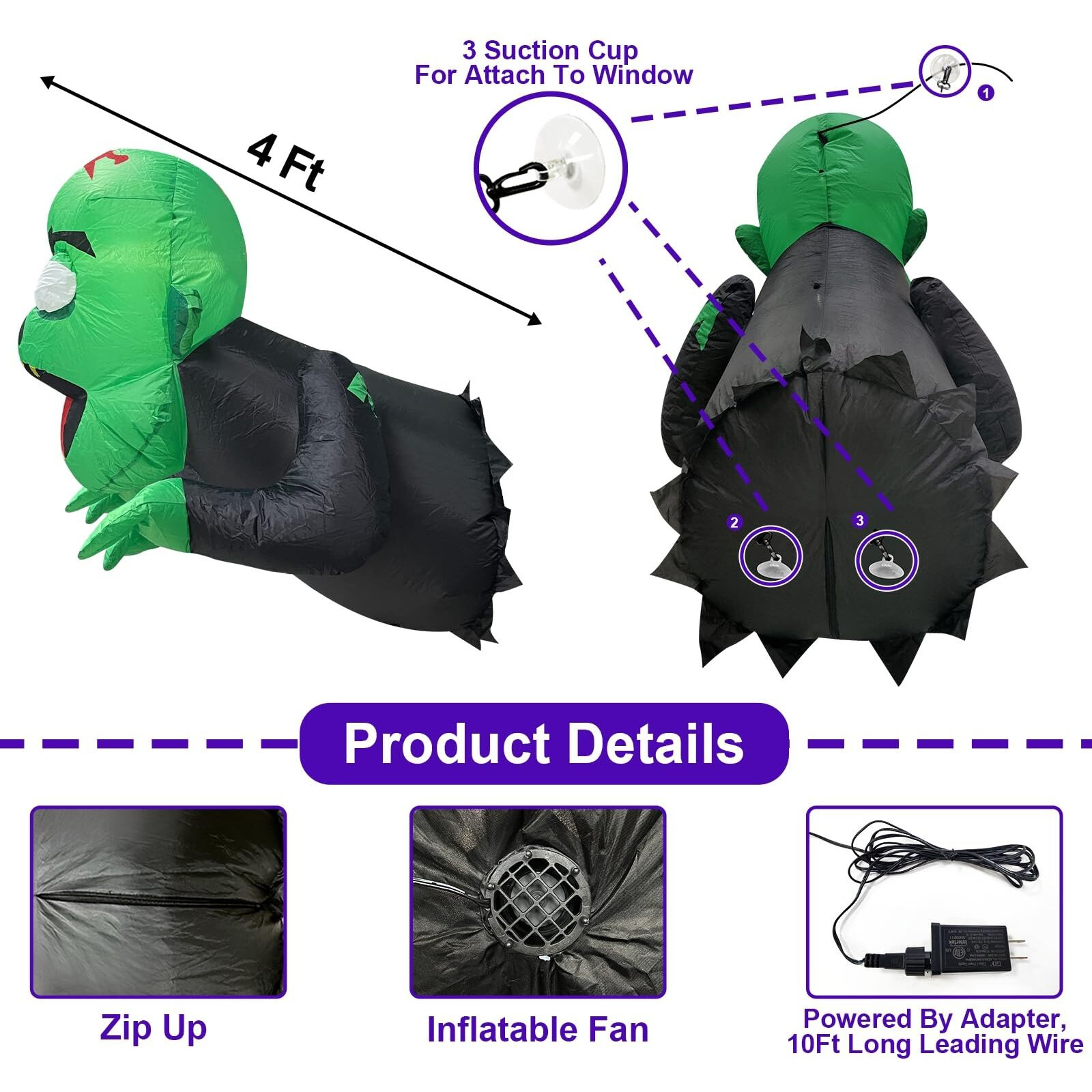 Turnmeon 4 Ft Halloween Inflatable Decorations Outdoor Zombie Coming Out From Window  Blow Up Inflatable With Build-In Led Lights Halloween Decorations Outside Yard Lawn Garden Home Party Indoor Decor