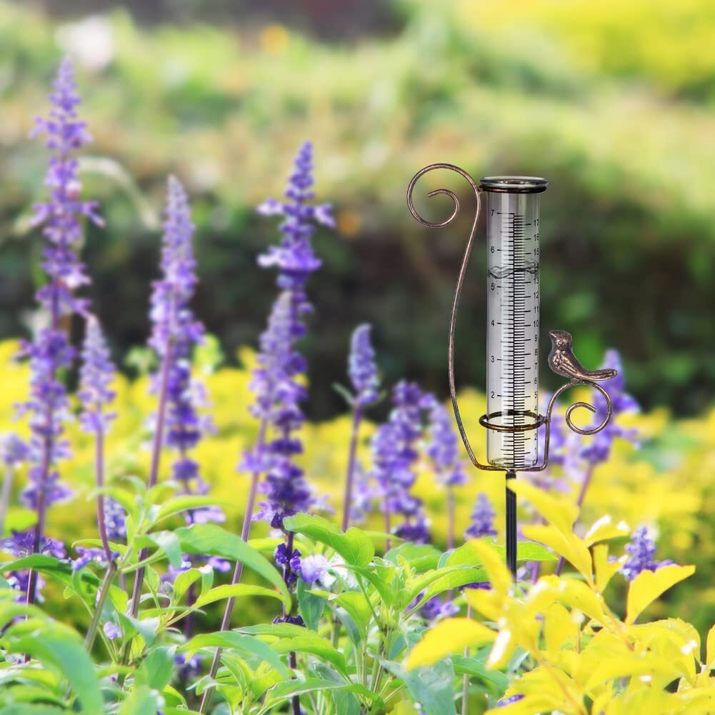 Venniy Rain Gauge Outdoor 7"" Glass Rain Gauge With Metal Stake  Decorative Bird Rain Gauge For Yard Garden Lawn Decor