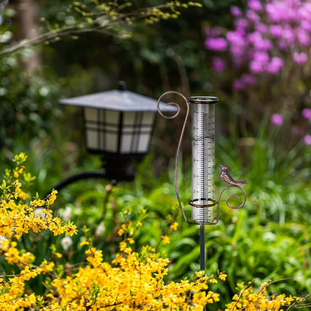 Venniy Rain Gauge Outdoor 7"" Glass Rain Gauge With Metal Stake  Decorative Bird Rain Gauge For Yard Garden Lawn Decor