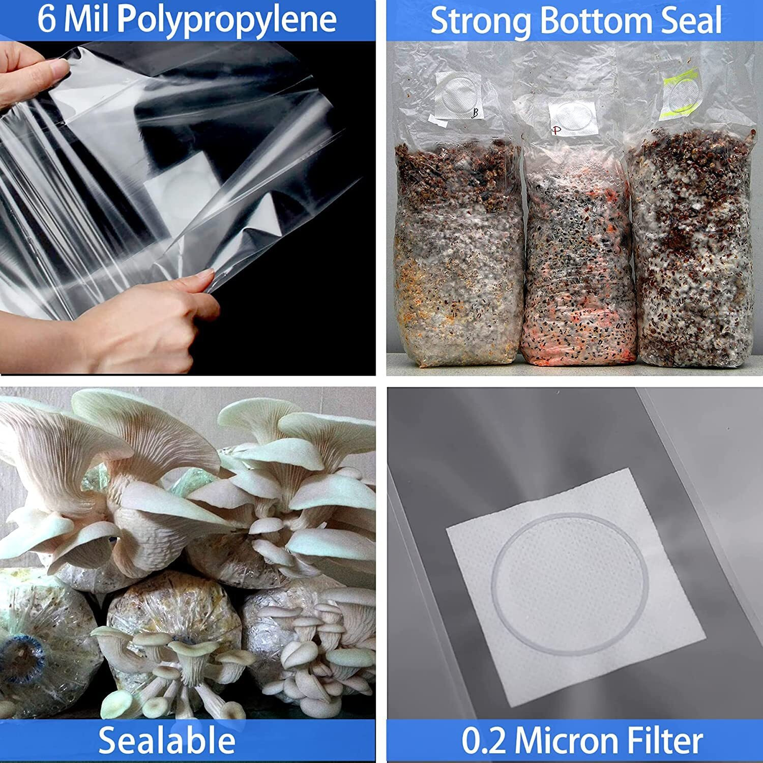 Gymgit 50 Pack  Mushroom Grow Bags  Heavy Duty 6 Mil Polypropylene Mushroom Substrate Bags  Large Size 8"" X 5"" X 20"" For Mushroom Cultivation  Spawn Bags  And Sawdust Fruiting Blocks