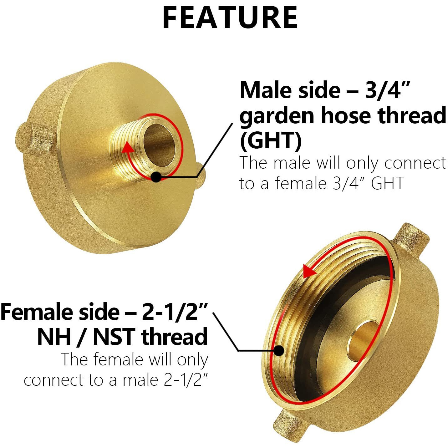 Brass Fire Hydrant Adapter 2-1/2"" Nst (Nh) Female X 3/4"" Ght Male Garden Hose Brass Fire Equipment - Fire Hydrant Hose Adapter With Pin Lug Fit For Fire Hydrants  Hoses  Pipes