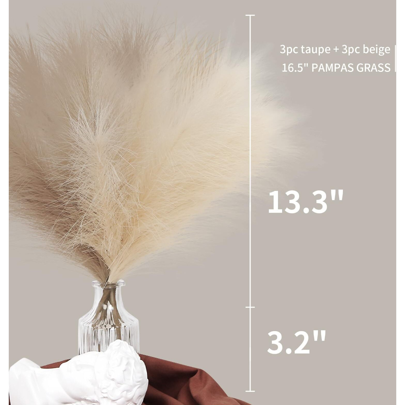 Zifty Faux Pampas Grass Decor 6-Pcs 17"" Fluffy Artificial Pompous Grass Short Pompas Boho Decor Fake Flower Bulrush Reed Grass For Vase Filler Farmhouse Home Wedding Fall Decor (Beige&Taupe)