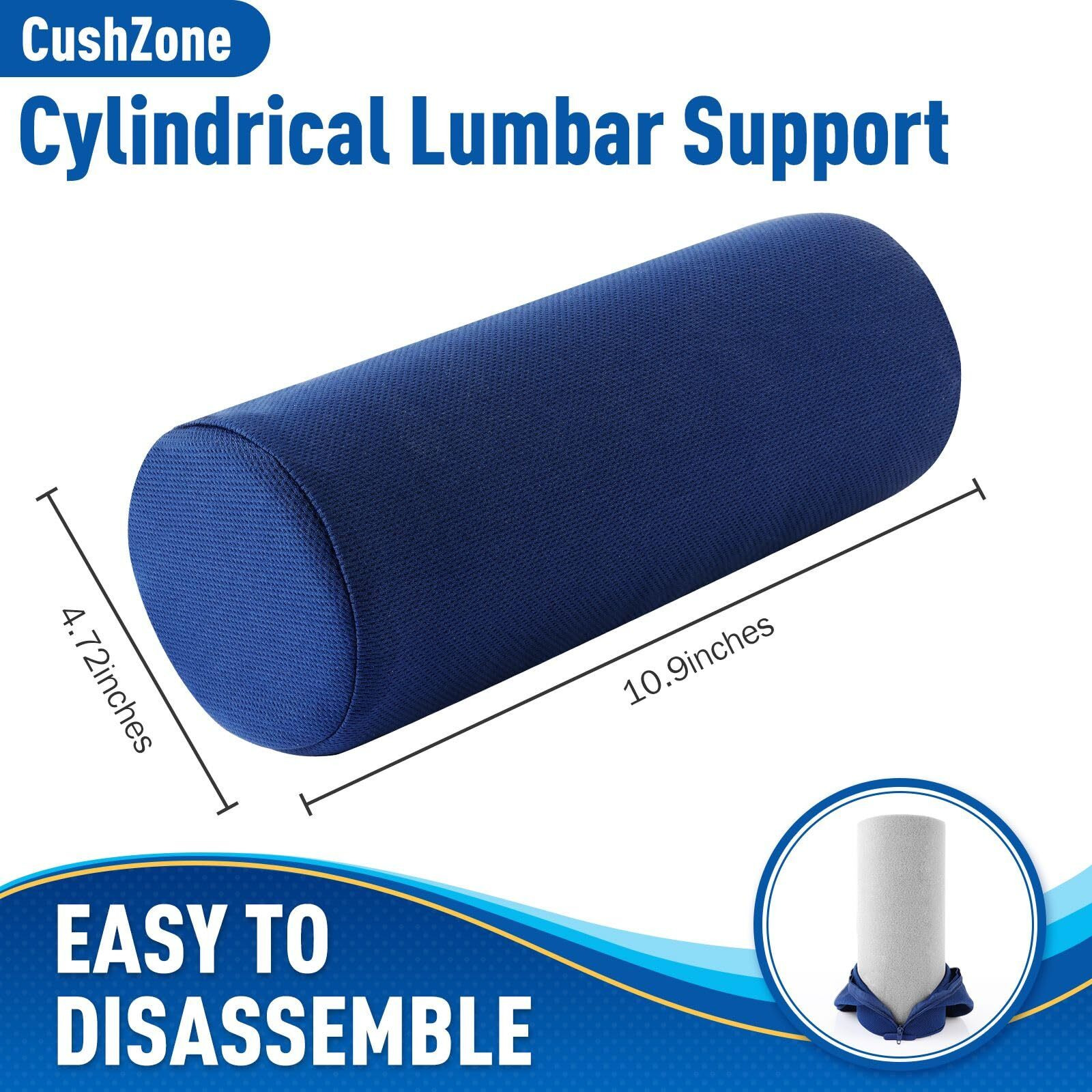 Cushzone Lumbar Roll Support Pillow For Office Chair  Car  Gaming Chair  Memory Foam Back Cushion With Washable Cover For Relieving Back Pain & Improving Posture Blue