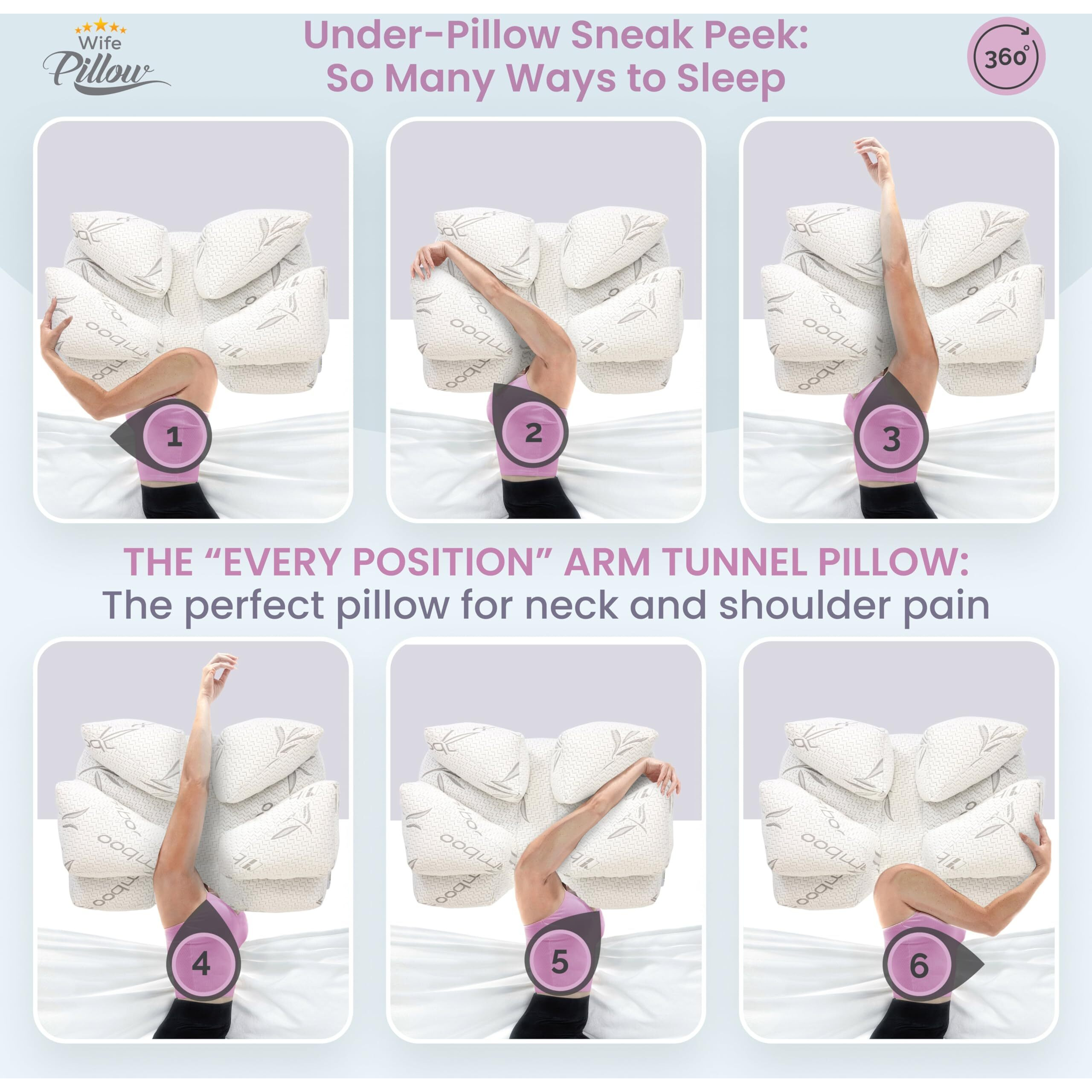 Wife Pillow - Medium Firm High Density Support. Orthopedic Arm Hole Slots For Relief Of Shoulder & Neck Pain. Adjustable For Side  Back  Stomach Sleeper. Rayon Shell/Cooling Shredded Memory Foam