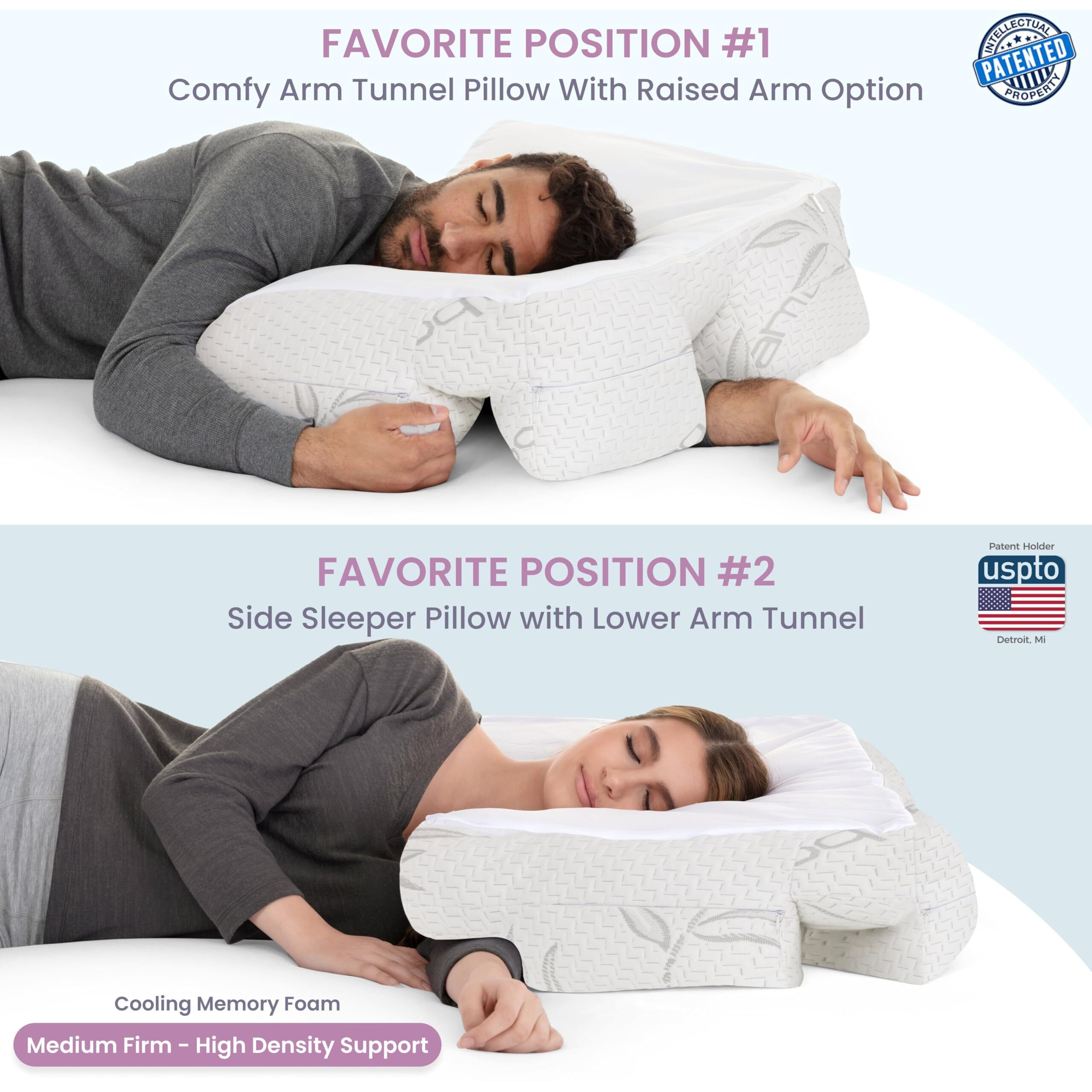 Wife Pillow - Medium Firm High Density Support. Orthopedic Arm Hole Slots For Relief Of Shoulder & Neck Pain. Adjustable For Side  Back  Stomach Sleeper. Rayon Shell/Cooling Shredded Memory Foam