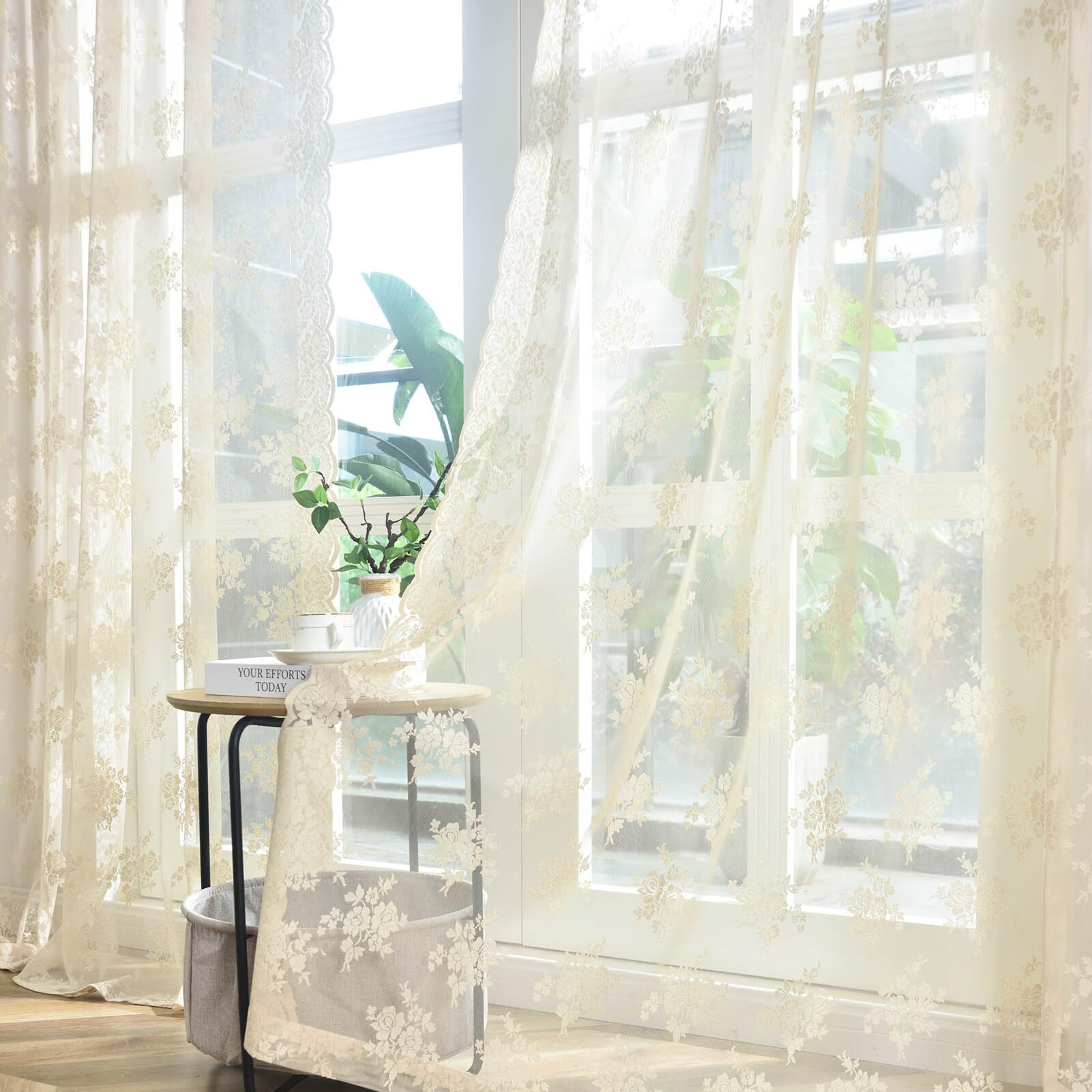 Kotile Extra Long Beige Sheer Curtains 120 Inches Long  2 Panels Country Rustic Floral Vintage Beige Sheer Lace Curtains For Living Room  Rod Pocket Light Filtering Window Curtain Drapes  52X120 Inch