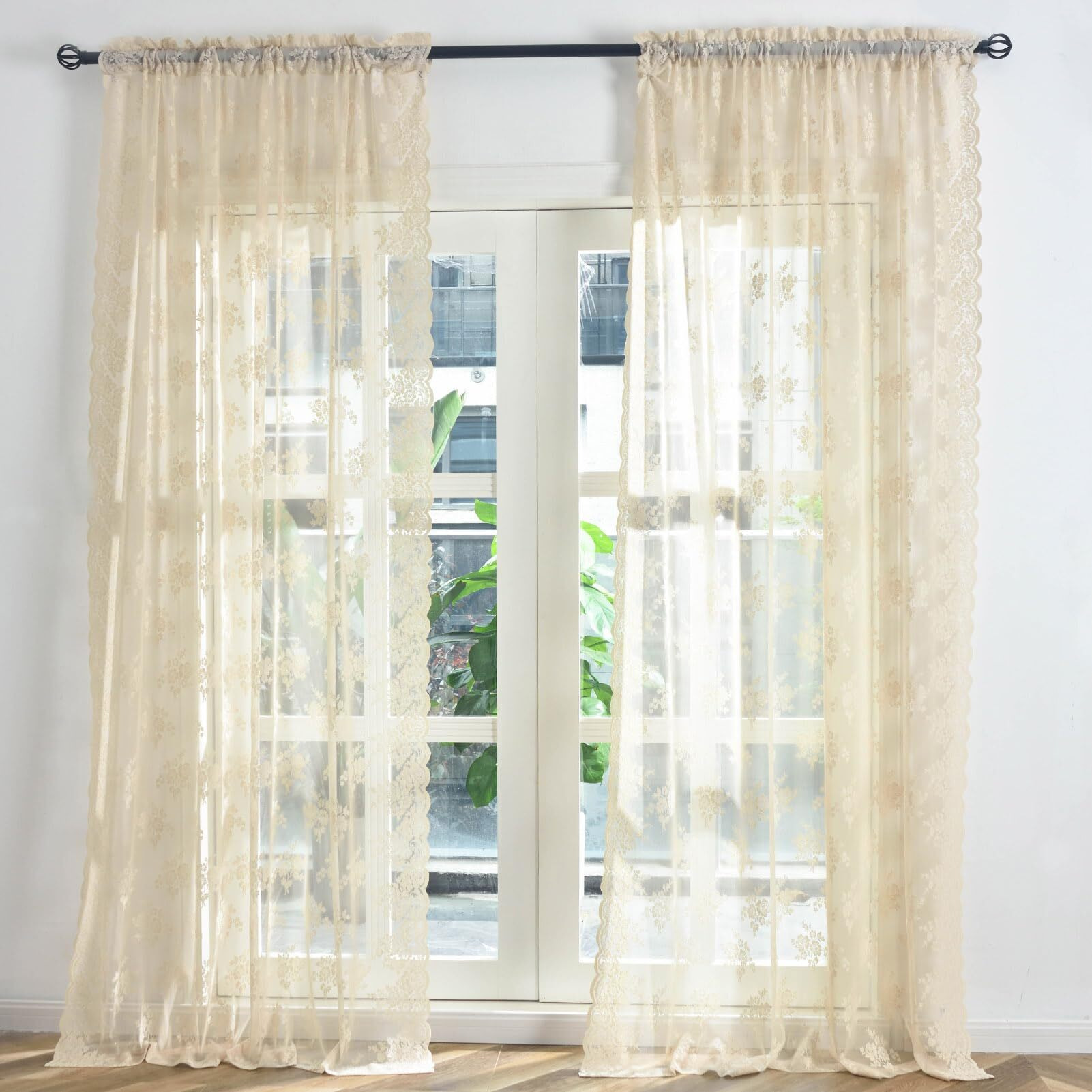 Kotile Extra Long Beige Sheer Curtains 120 Inches Long  2 Panels Country Rustic Floral Vintage Beige Sheer Lace Curtains For Living Room  Rod Pocket Light Filtering Window Curtain Drapes  52X120 Inch