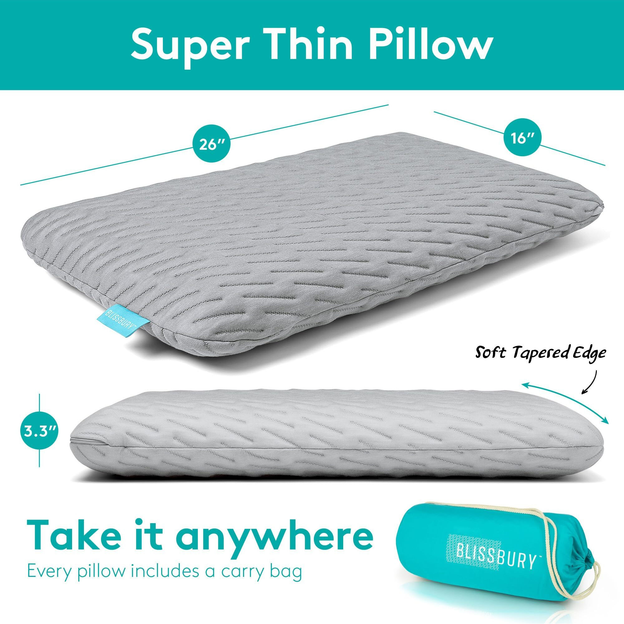 Blissbury Stomach Sleeping Pillow - Thin Memory Foam Pillow For Stomach Sleepers | Ultra Thin Pillow For Sleeping | Flat Pillows For Sleeping  Slim Pillow  Stomach Sleeper Pillow | 3.3 Inch Thickness