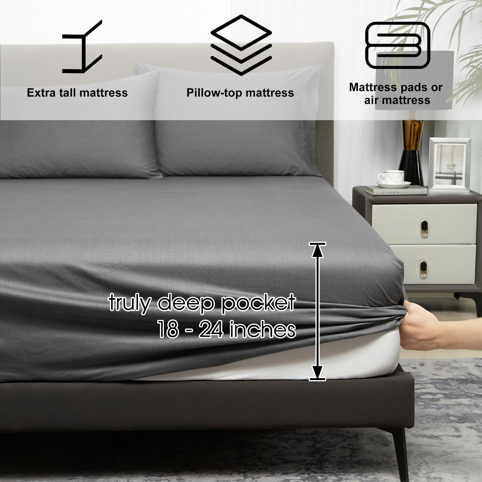 Hyprest Extra Deep Pocket Twin Sheet Sets Fits 18""-24"" In Deep Mattress -100% Cotton Sheets Grey Hotel Luxury Soft Wrinkle Free Cooling Sheet Sets For Twin Bed Deep Pocket