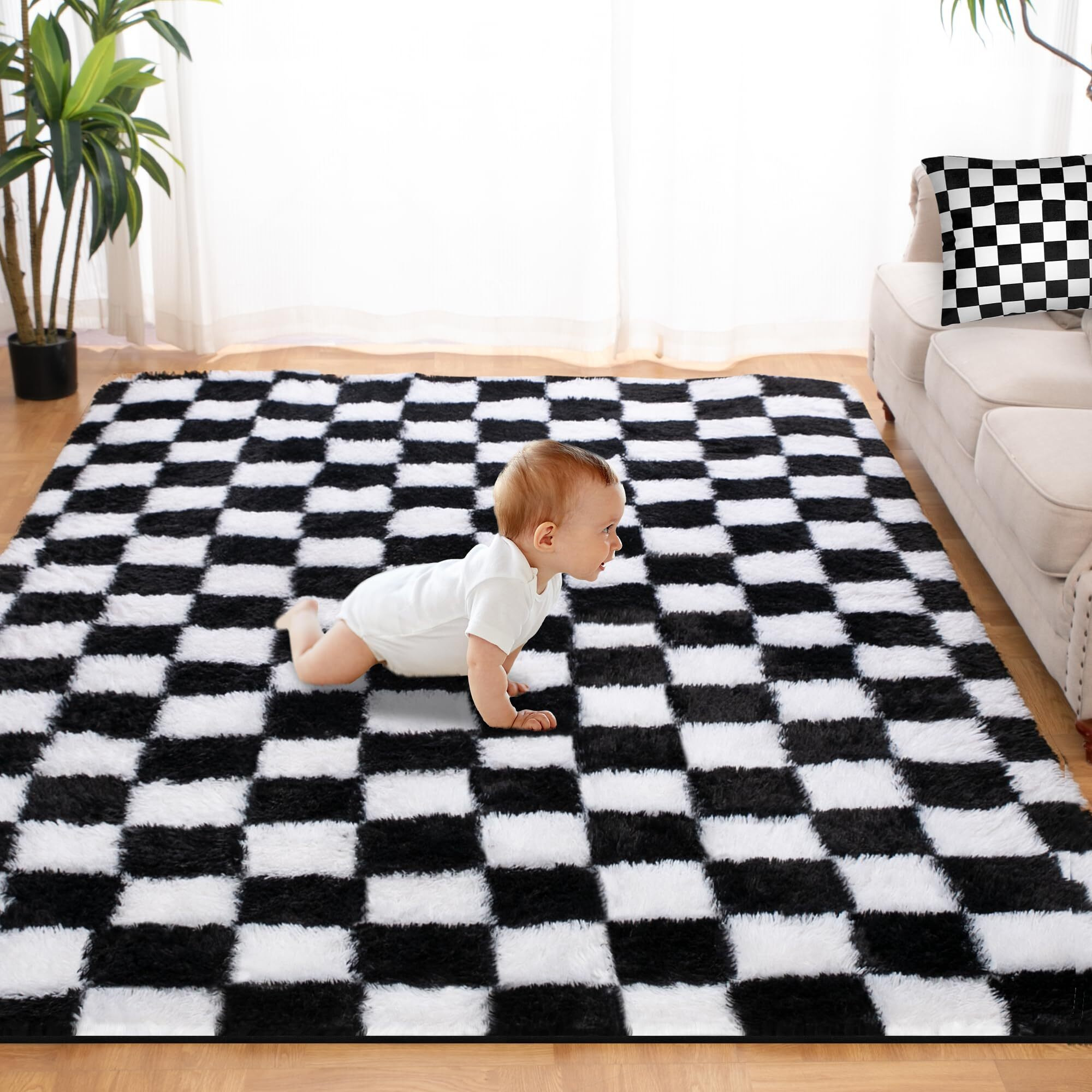 Super Soft Rug For Bedroom  4X6 Ft Black And White Area Rug Classic Checkered Shaggy Rug Anti-Skid High Pile Soft Fluffy Rug Fuzzy Carpet For Living Room Bedroom Kids Room Nursery  Dorm Home Decor