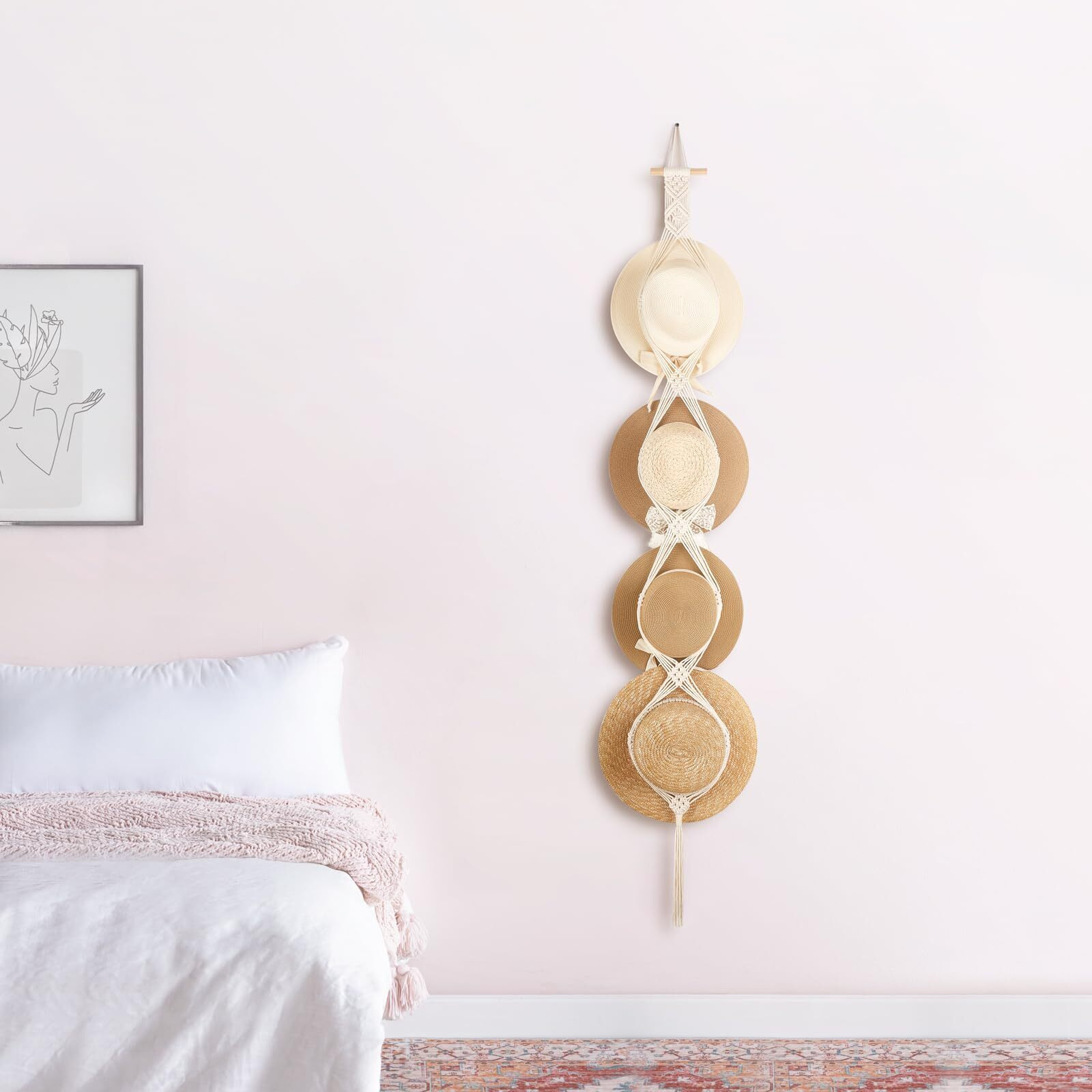 Dahey Macrame Hat Hangers Hat Rack For Wall Cowboy Hat Organizer Hanging Display Hand Weaving Bobo Hat Holder Western Decor For Wide Brim Hats Bowler Fedora Hats  4 Hat Style