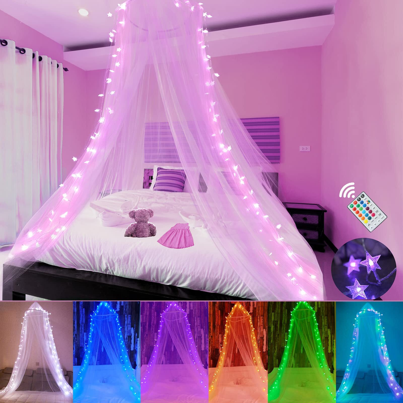 Obrecis Bed Canopy With Led Star Lights  Princess Canopy Bed Curtain With 18 Colors Changing String Lights Remote Timer For Girls Bedroom  Pink Red Blue White Dome Canopy For Twin To King Size Bed