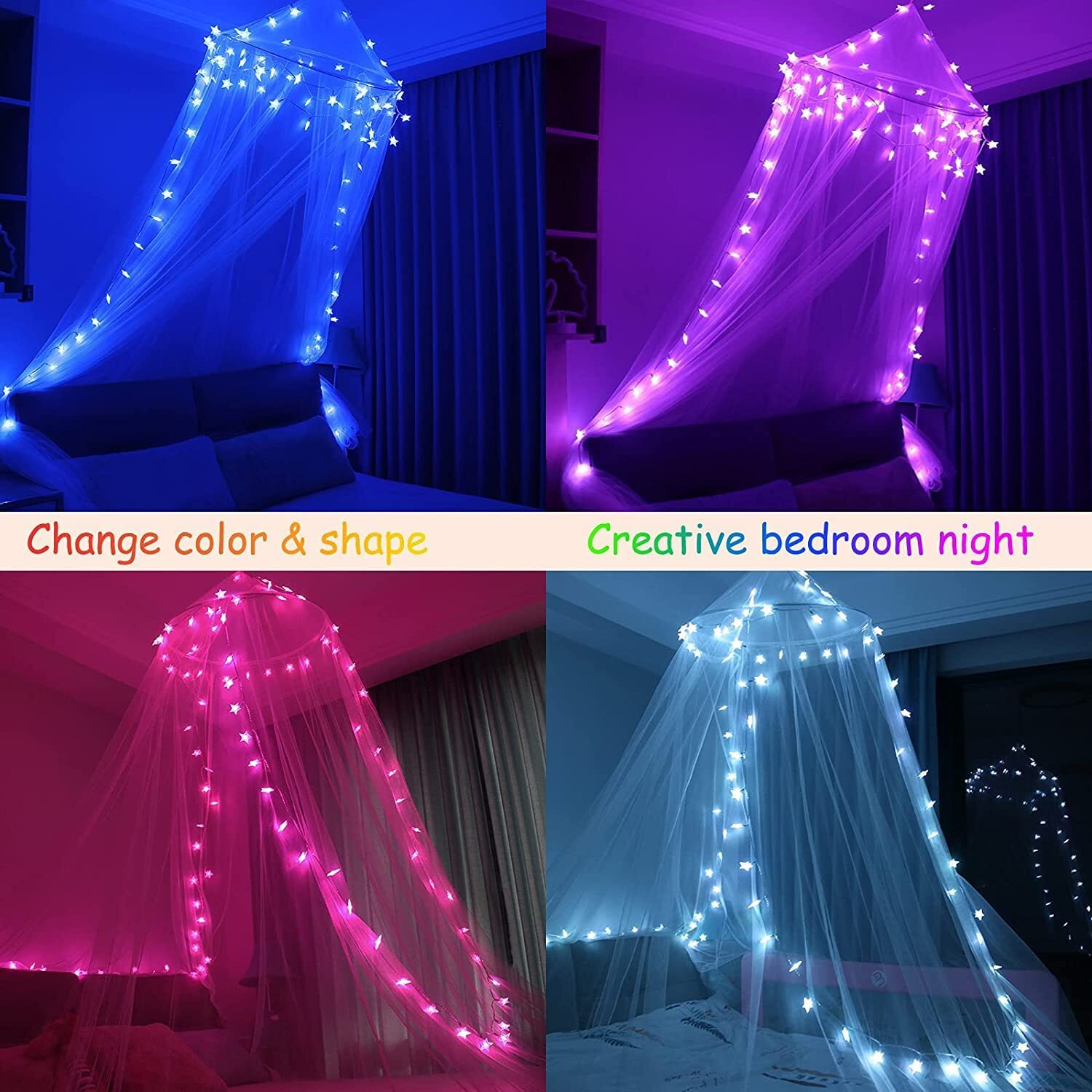 Obrecis Bed Canopy With Led Star Lights  Princess Canopy Bed Curtain With 18 Colors Changing String Lights Remote Timer For Girls Bedroom  Pink Red Blue White Dome Canopy For Twin To King Size Bed