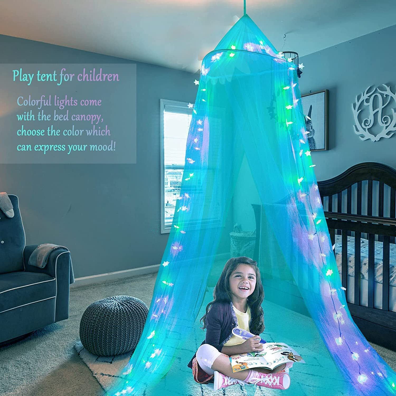 Obrecis Bed Canopy With Led Star Lights  Princess Canopy Bed Curtain With 18 Colors Changing String Lights Remote Timer For Girls Bedroom  Pink Red Blue White Dome Canopy For Twin To King Size Bed