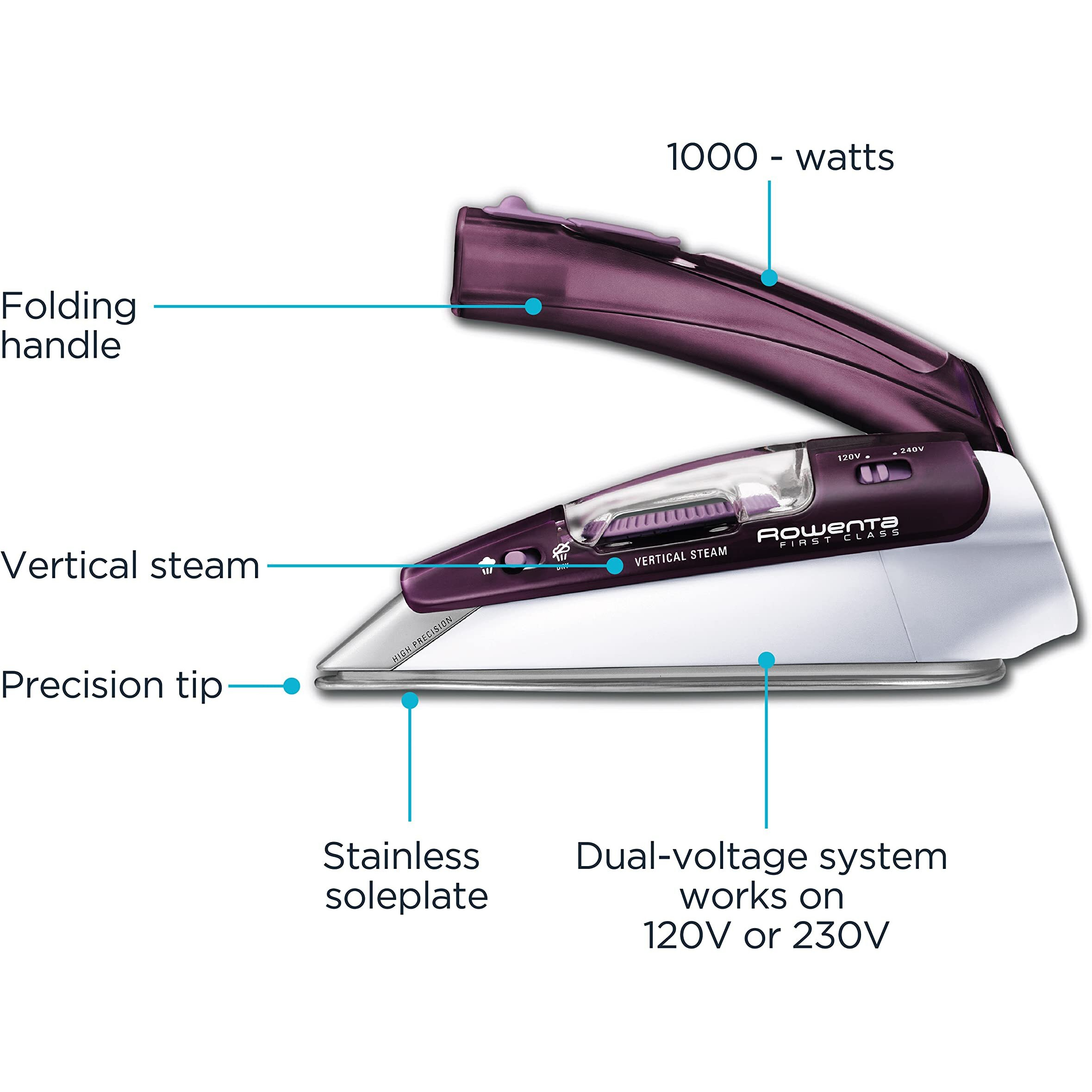Rowenta  Travel Iron  Pro Compact Stainless Steel Soleplate Steam Iron For Clothes  200 Microsteam Holes  1000 Watts Ironing  Fabric Steamer  Dual Voltage  Purple Mini Iron  Da1560