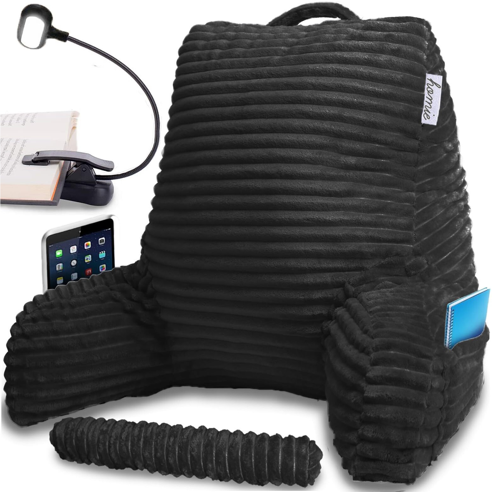 Homie Reading Pillow With Reading Light And Wrist Support  Has Arm Rests  And Back Support For Bed Rest  Lounging  Reading  Working On Laptop  Watching Tv (Black)