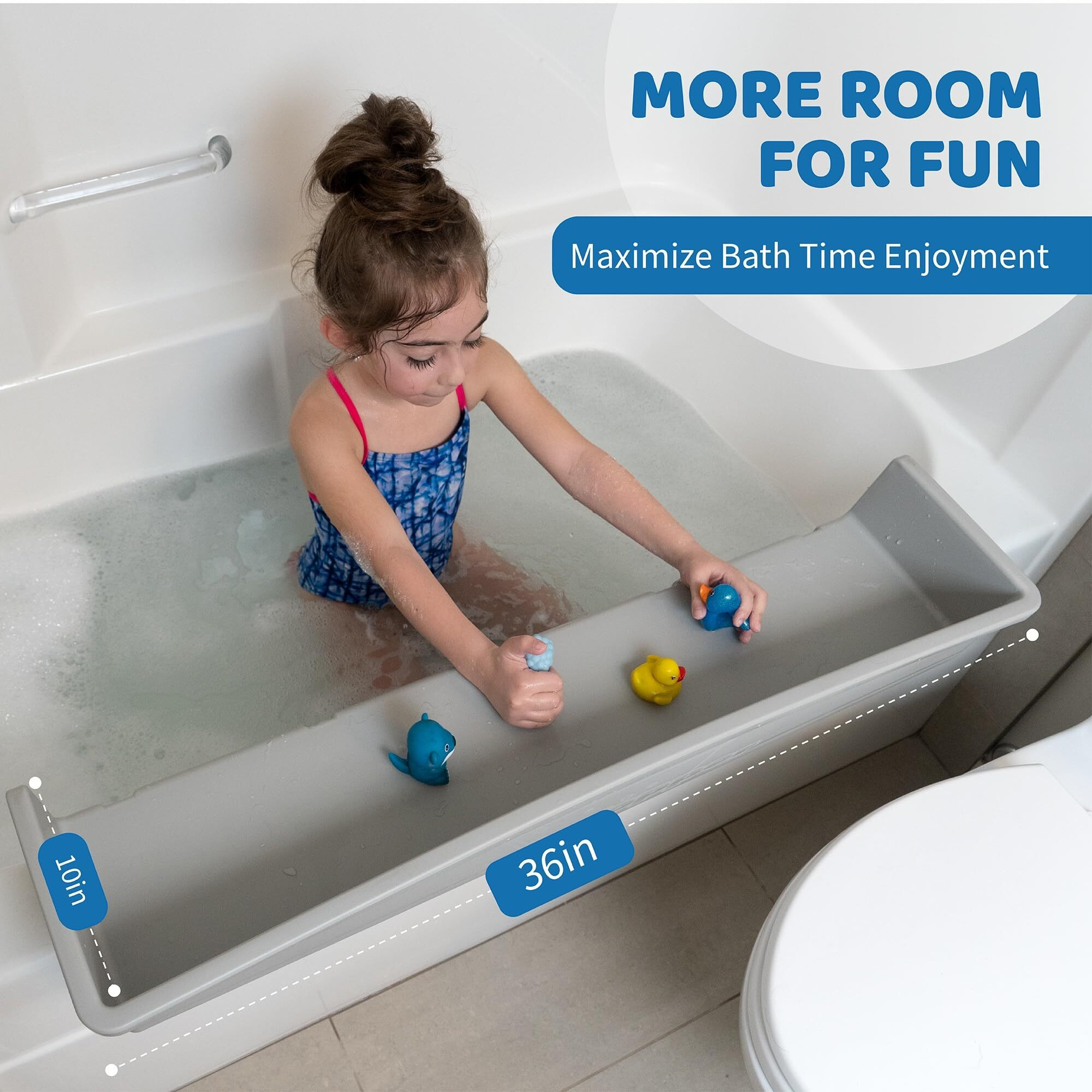 Tub Topper Bathtub Splash Guard Play Shelf Area - Toy Tray Caddy Holder Storage - Suction Cups Attach To Bath Tub - No Mess Water Spill In Bathroom - Fun For Toddlers Kids Baby (Gray)
