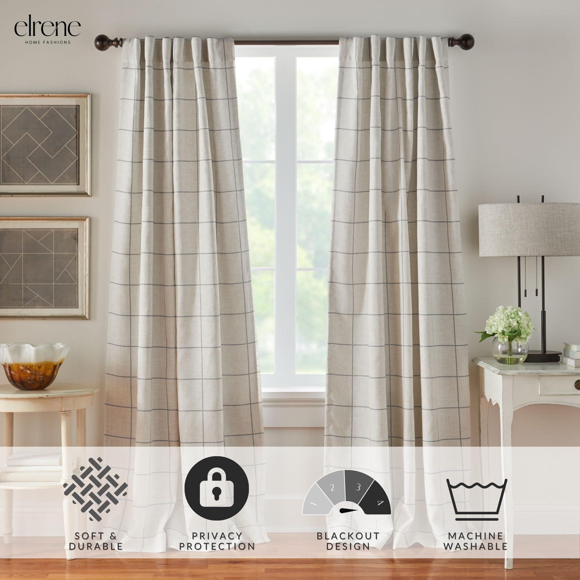 Elrene Home Fashions Brighton Windowpane Plaid Blackout Window Curtain  Living Room And Bedroom Drape With Back Tab And Rod Pocket Tabs  52"&quotX108""  Gray  1 Panel