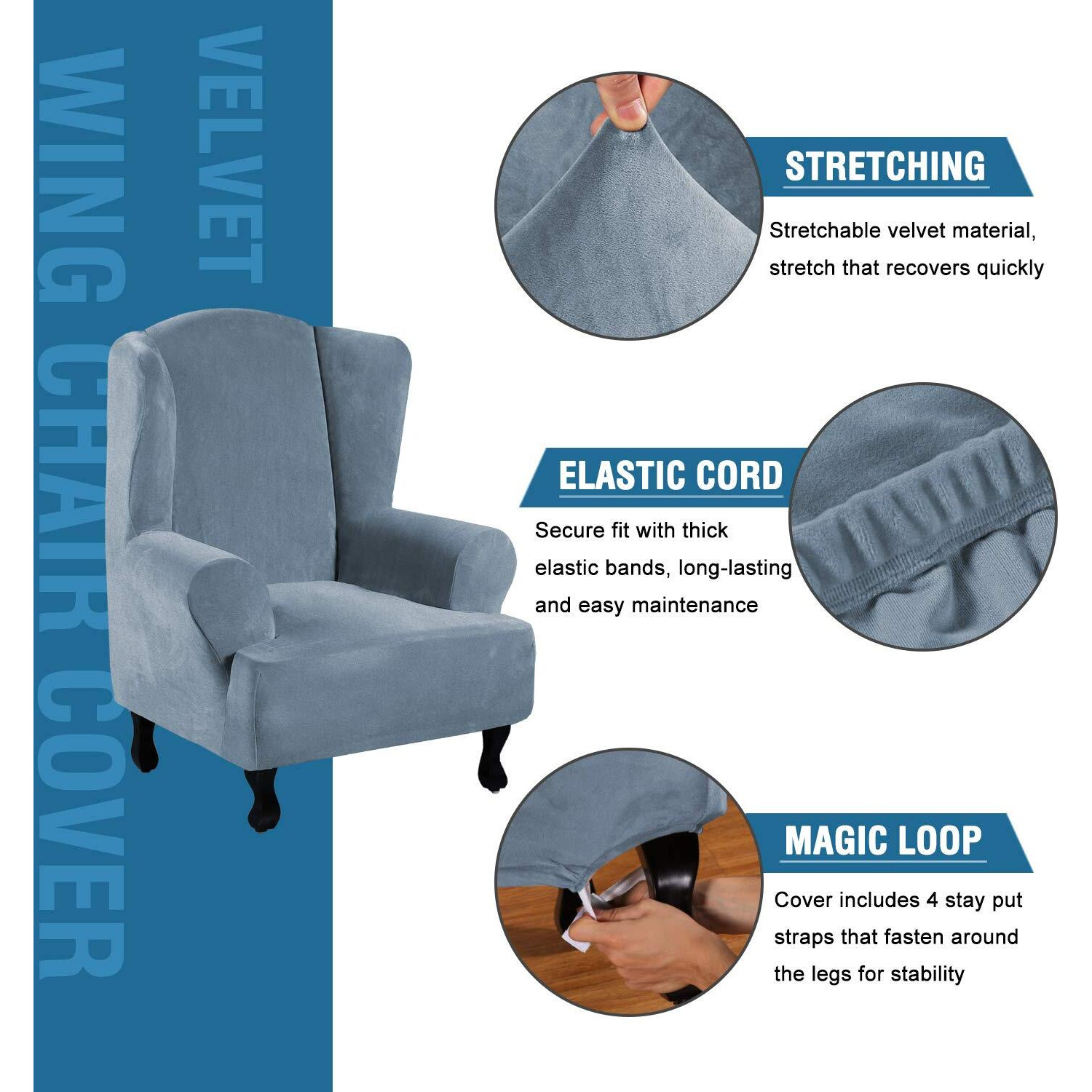 H.Versailtex Wing Chair Cover Wing Back Arm Chair Furniture Cover Wing Chair Slipcovers Sofa Cover Velvet Plush High Stretch Slip Resistant Fabric 1 Piece With Elastic Bottom  Wing Chair - Stone Blue